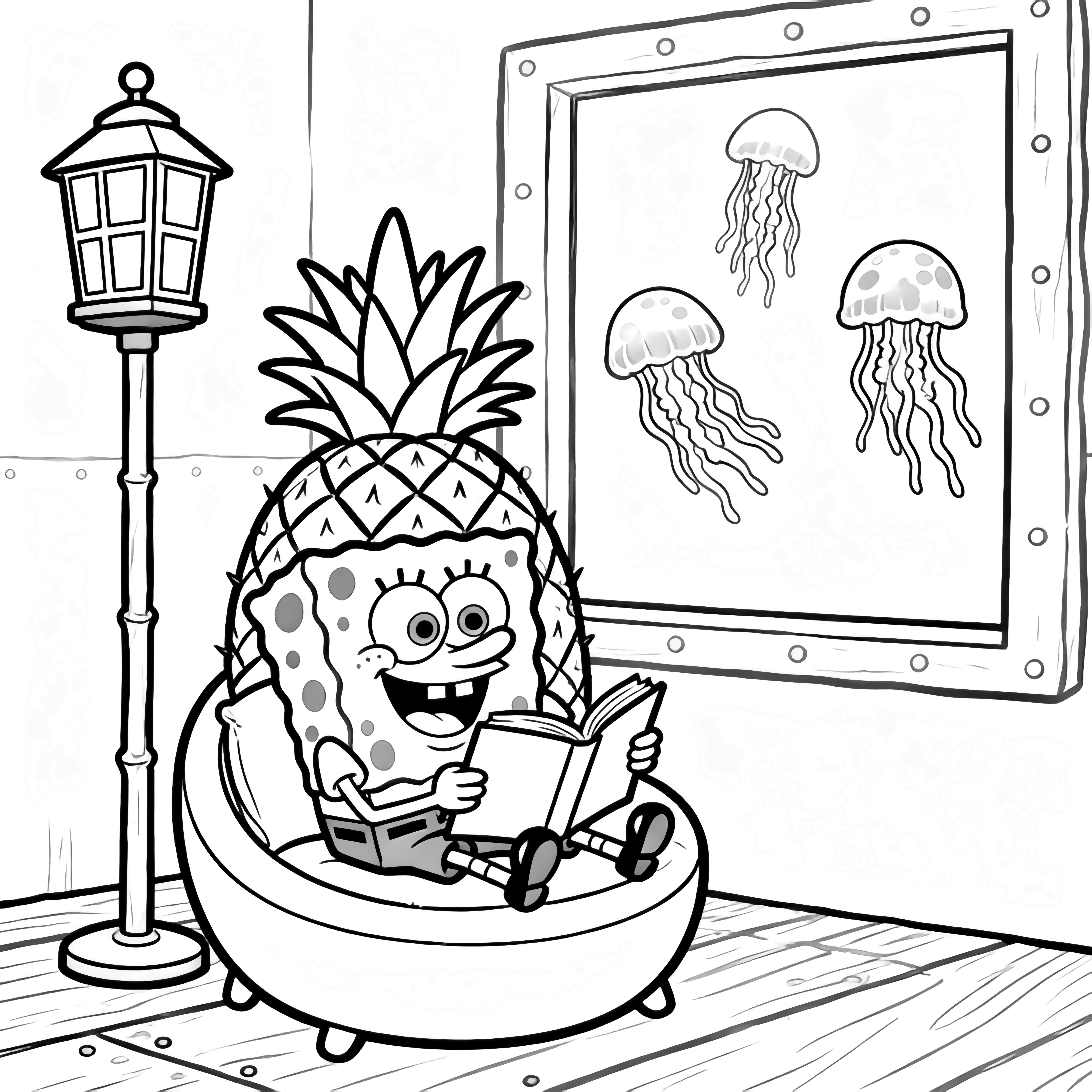 SpongeBob smiles on a round chair in his pineapple house, reading an open book while a tall paneled lantern stands nearby and three jellyfish drift past the window. kleurplaat