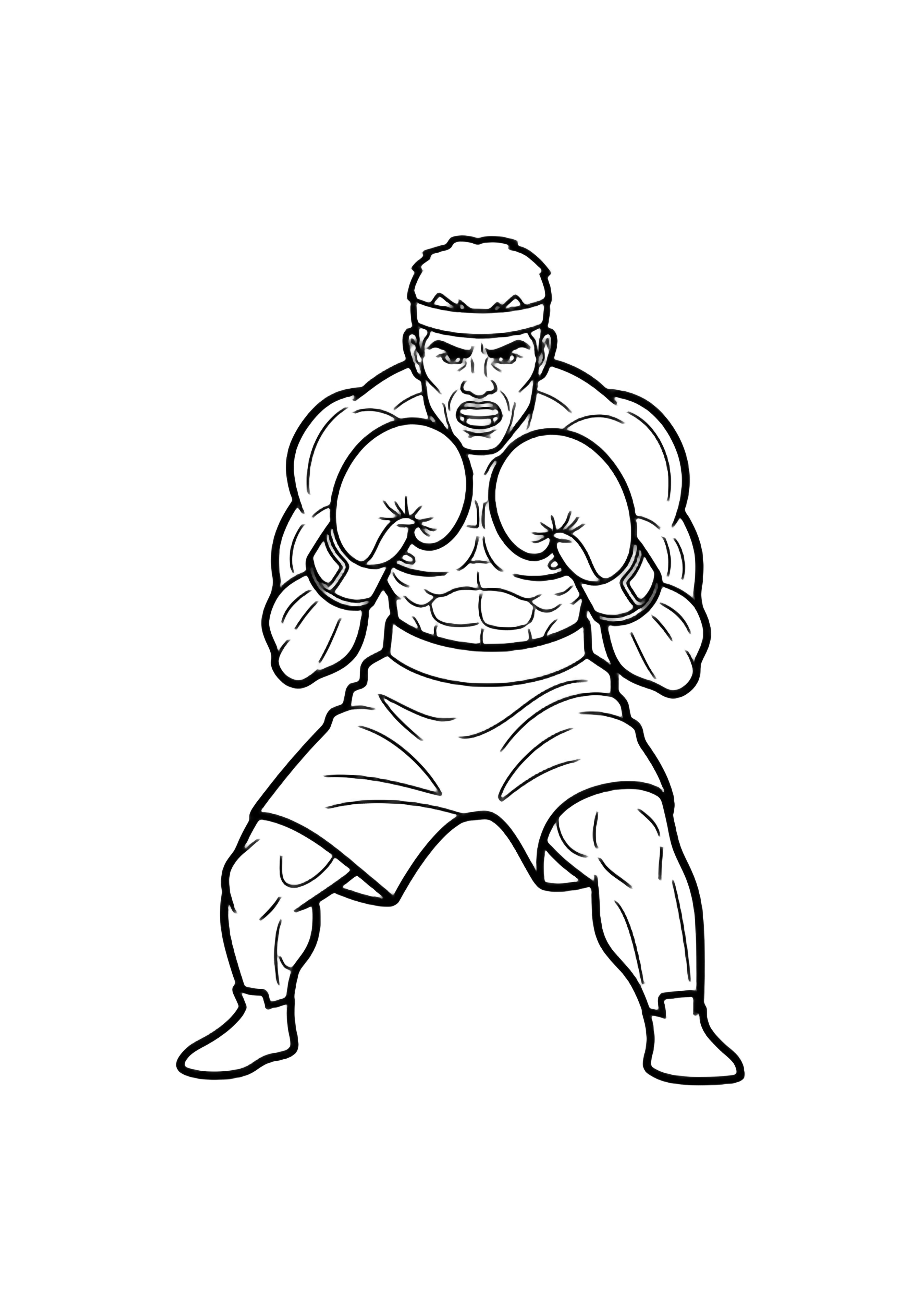 A muscular boxer crouched low in guard stance, gloved fists poised, mouthguard visible, wearing a headband and shorts. kleurplaat