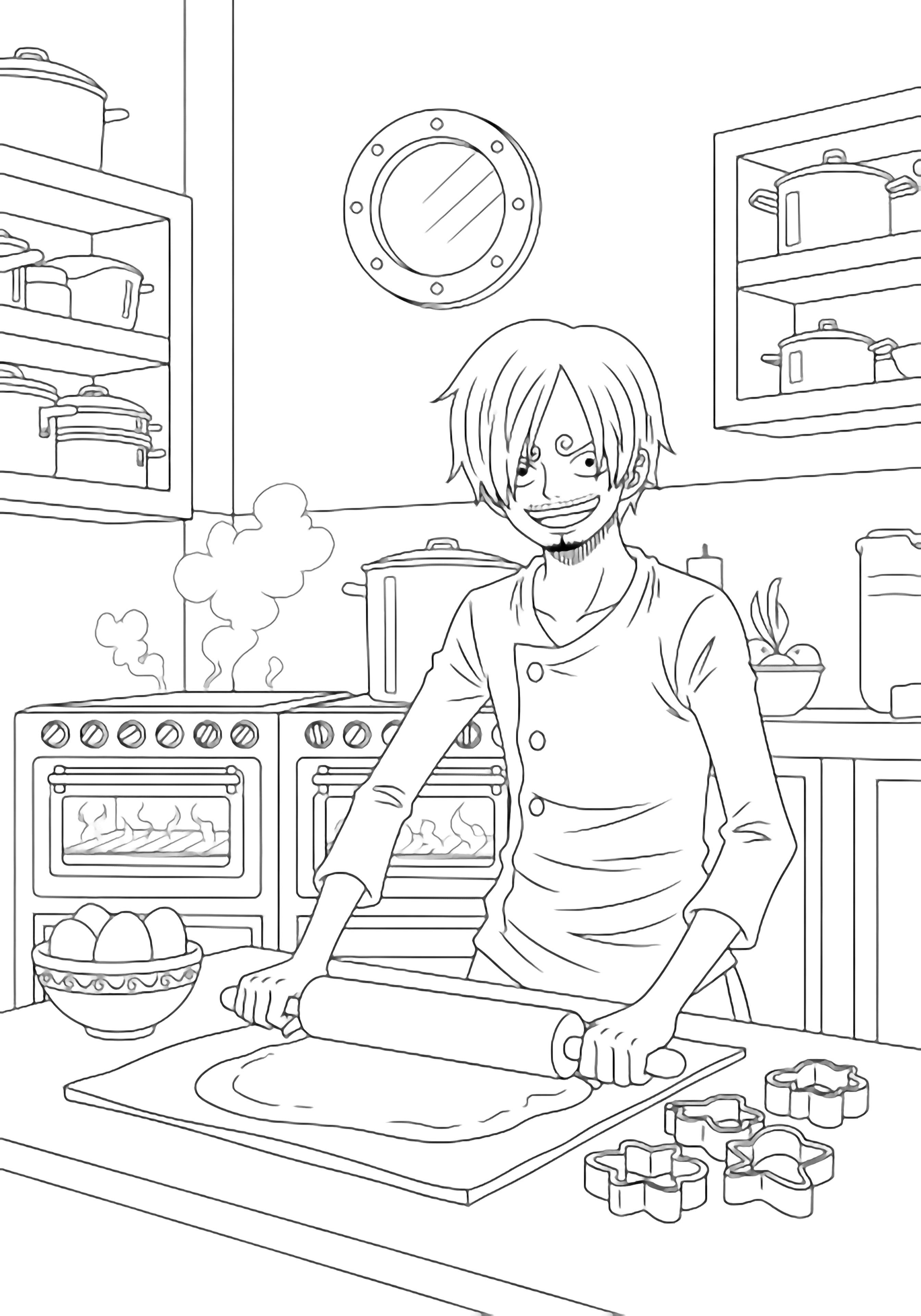 Sanji staat bij de keukentafel van de Sunny, deeg rollend, achter hem stomen ovens, eieren en koekjesvormen in de buurt, potten op planken, een patrijspoort, glimlachend opgewekt. kleurplaat