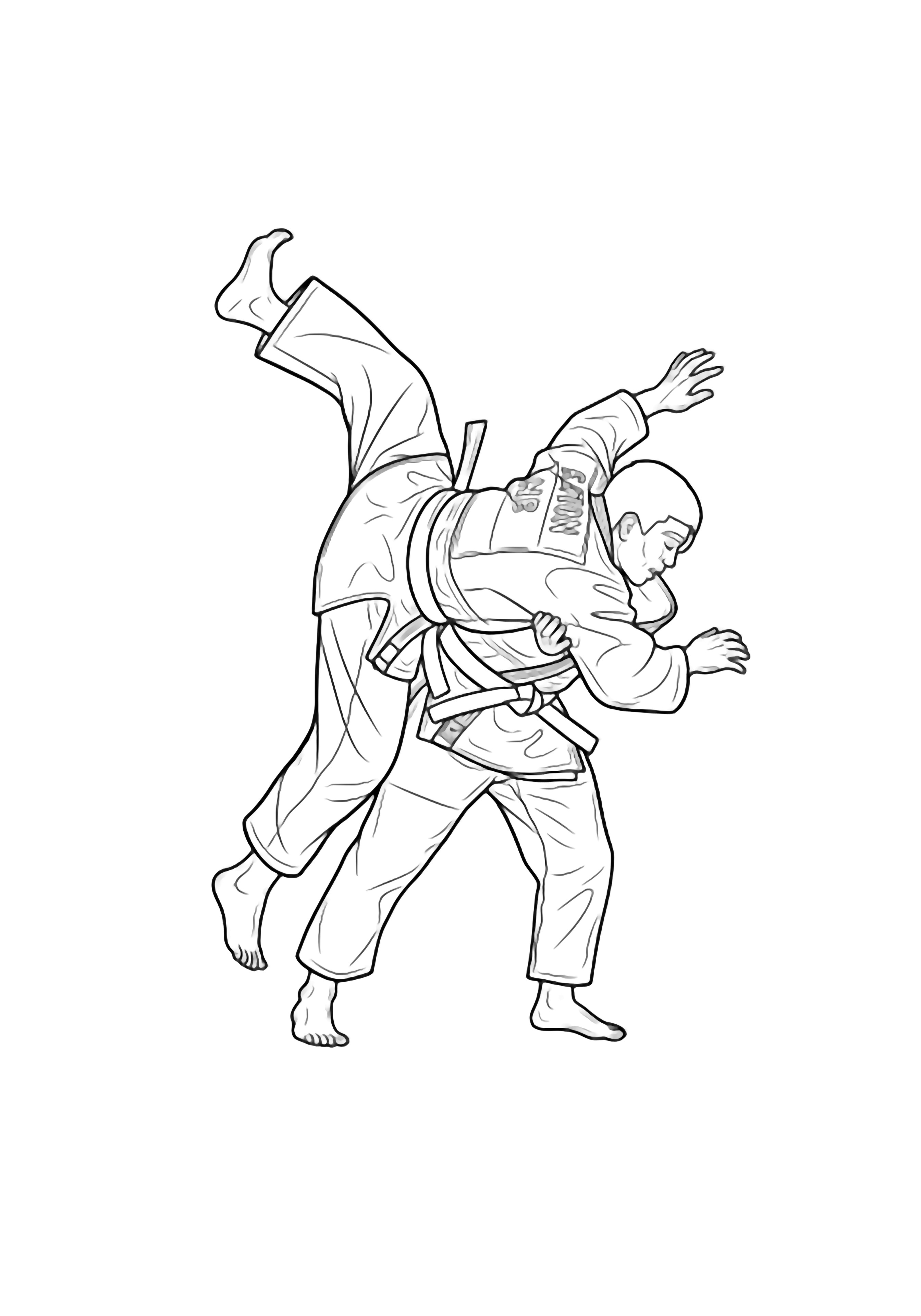Two judo fighters in white gis, one being hurled across the other's shoulder, limbs flung wide, belts knotted tight, no scenery. kleurplaat