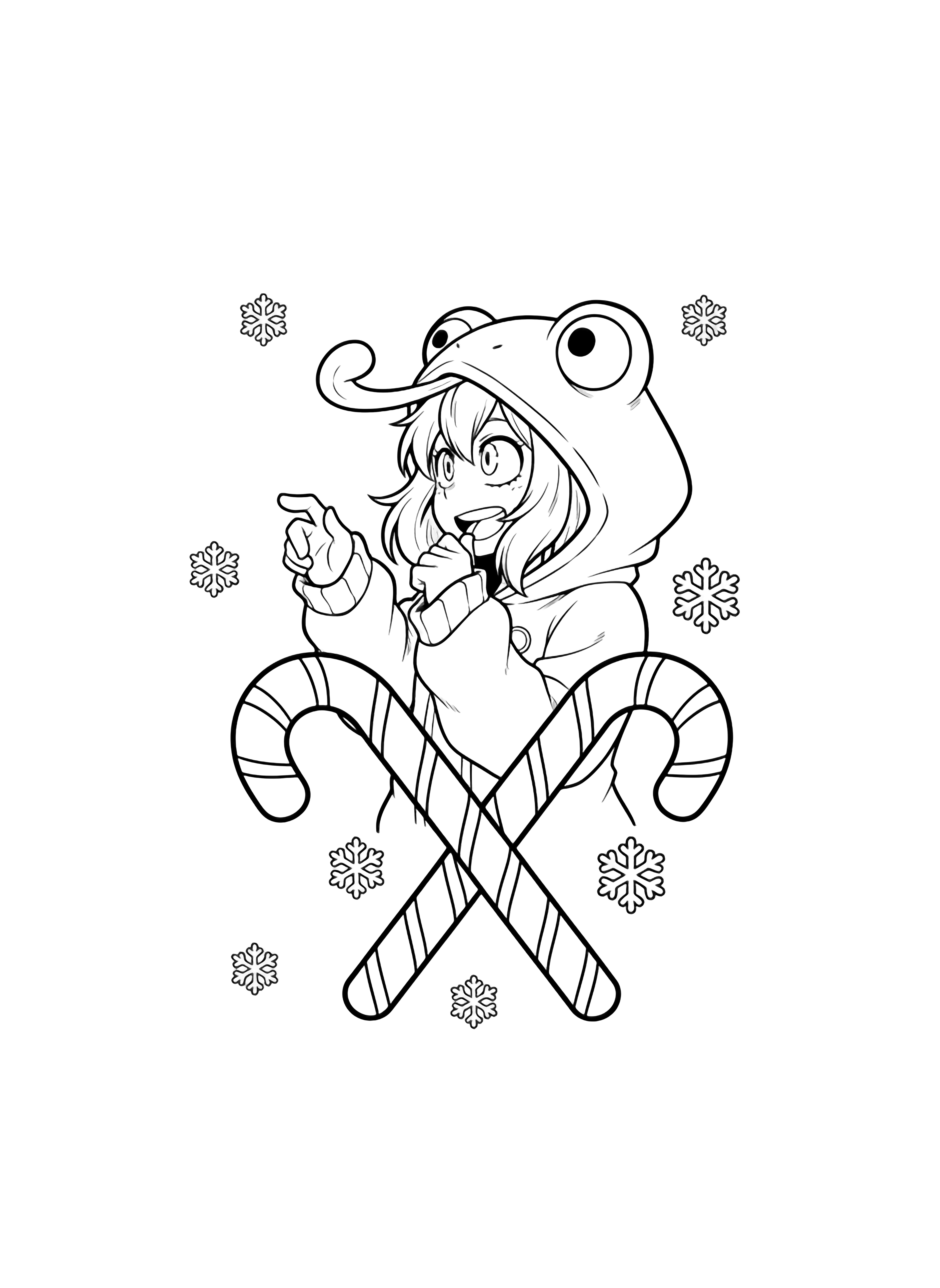 Tsuyu in frog-hood sweater, side view, smiling, holding two large candy canes crossed before her, simple snowflakes drifting around. kleurplaat