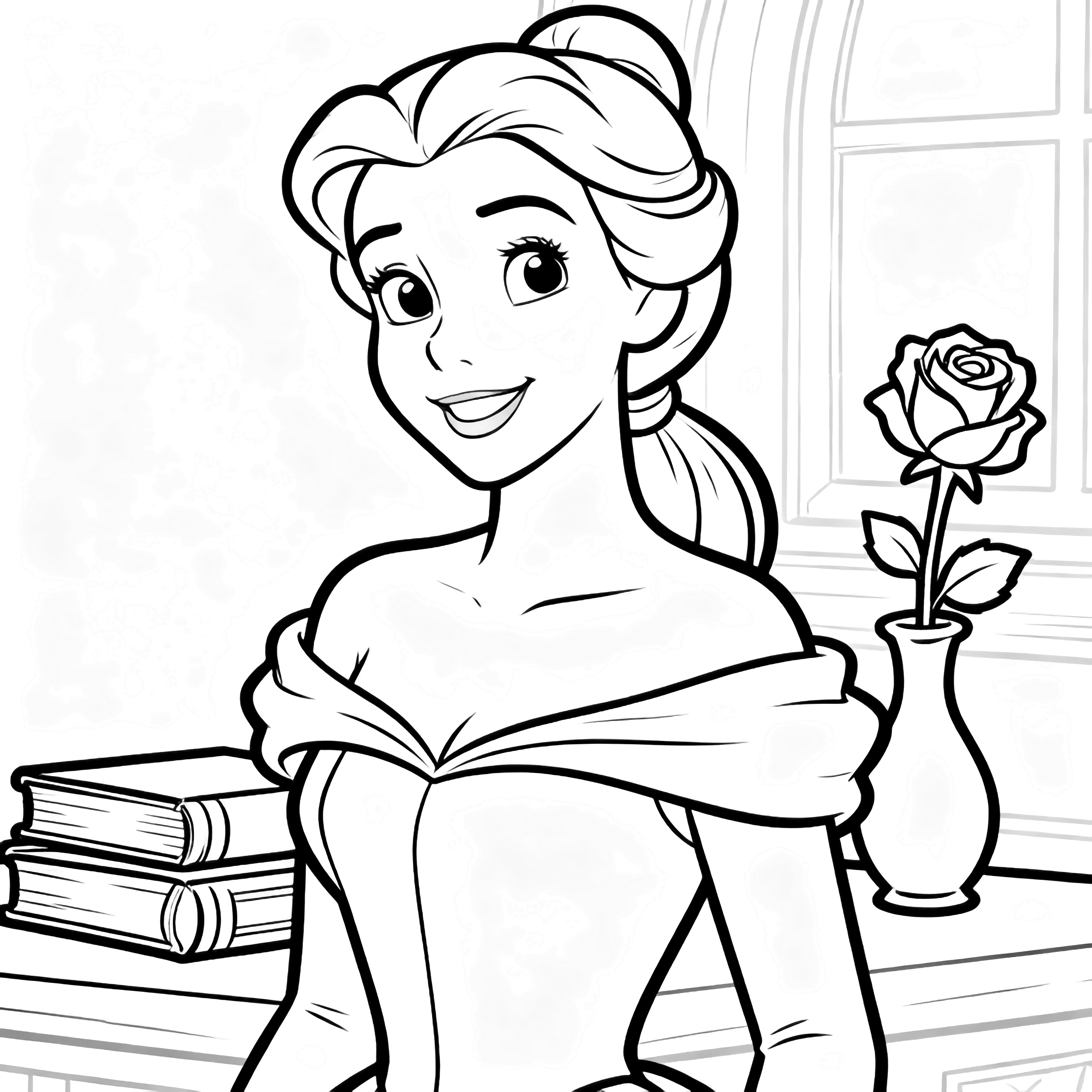 Belle stands smiling, hair in a ponytail, off-shoulder dress; behind her stacked books, a rose in a vase, faint window frame. kleurplaat
