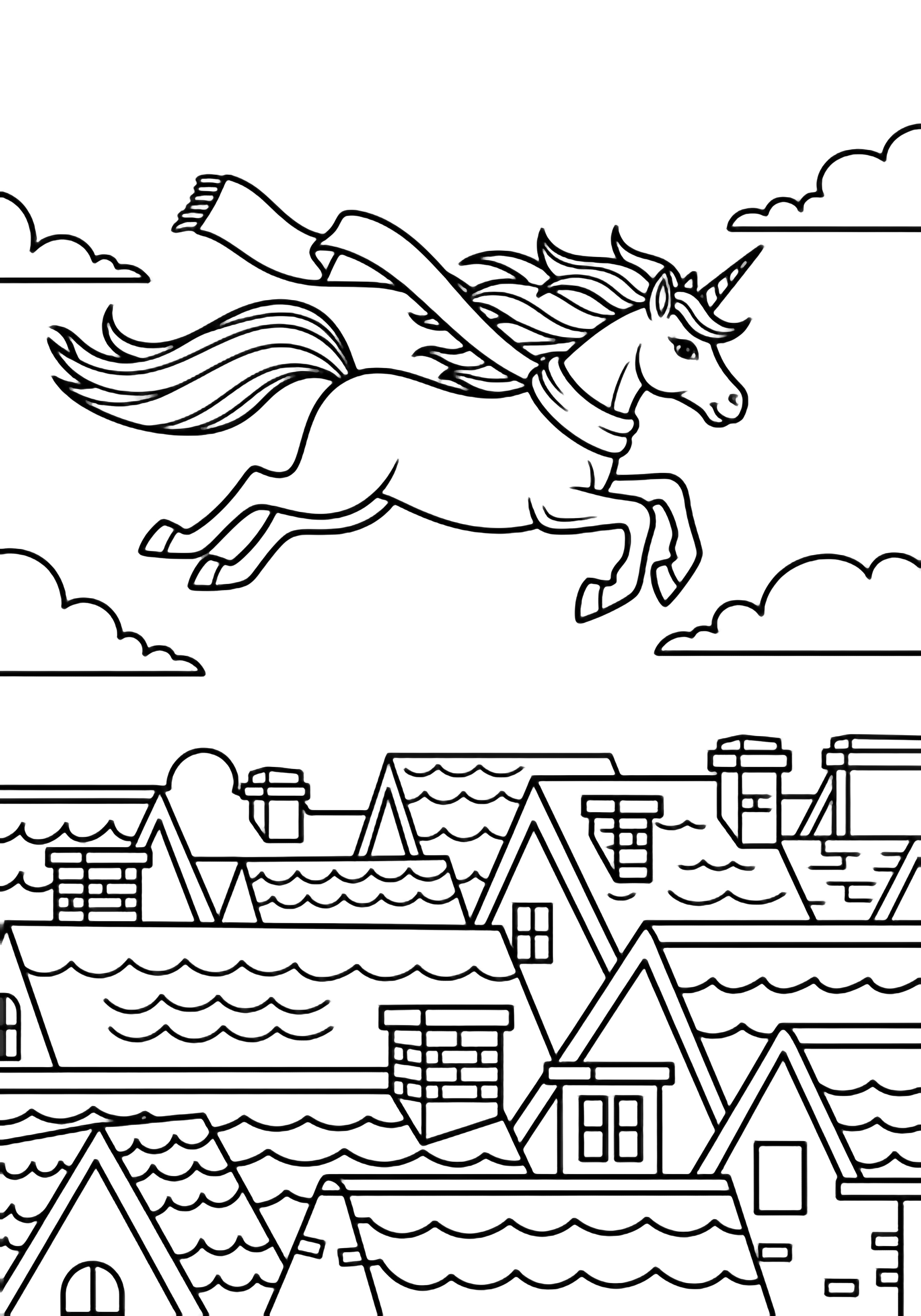 A unicorn glides above wavy rooftops, its long scarf and mane flowing, tail curling; simple clouds and chimneys dot the scene. kleurplaat
