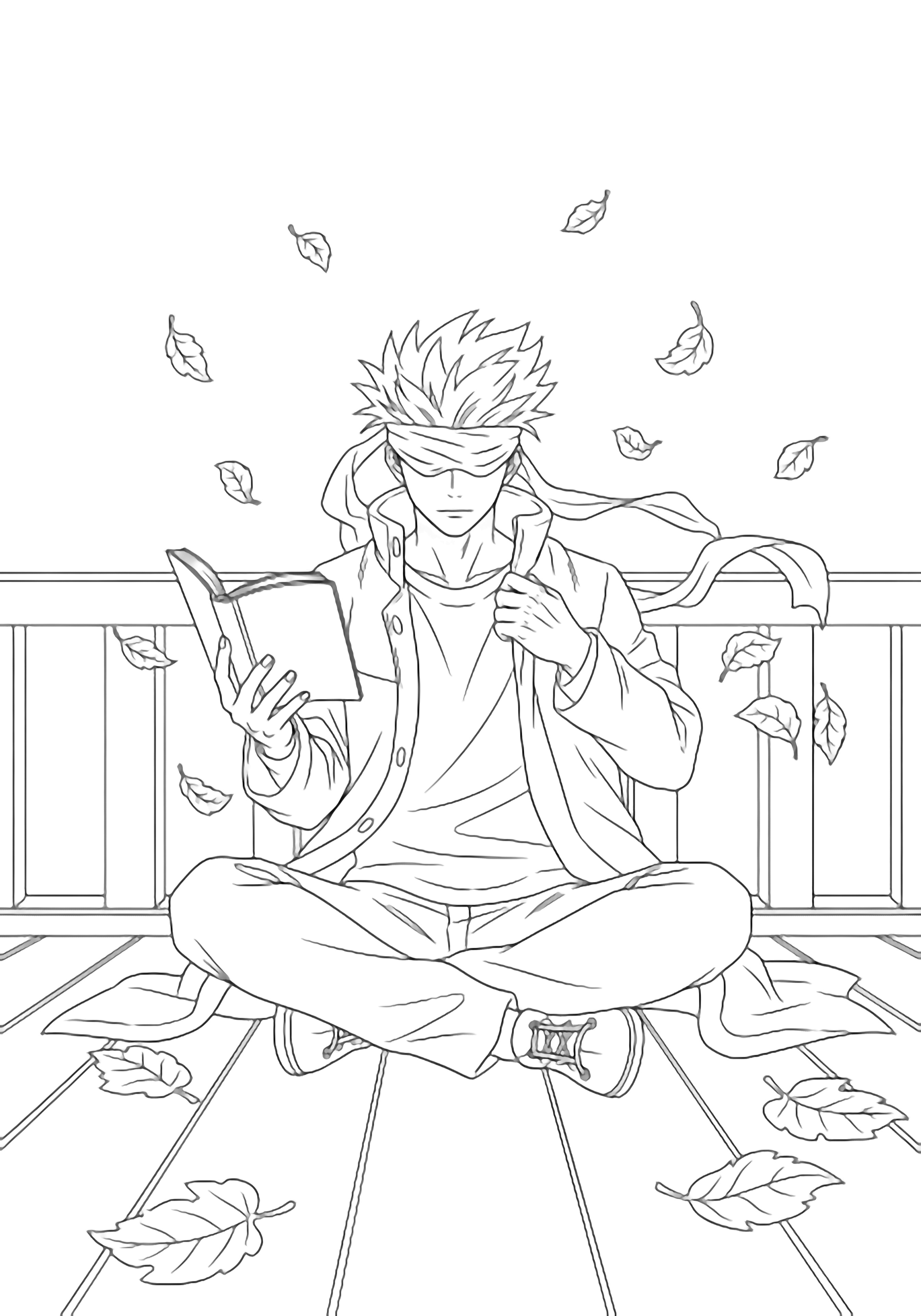 Gojo Satoru sits cross-legged on a porch reading, coat lifted, blindfold raised, hair flowing, leaves drifting around him amid simple railings. kleurplaat