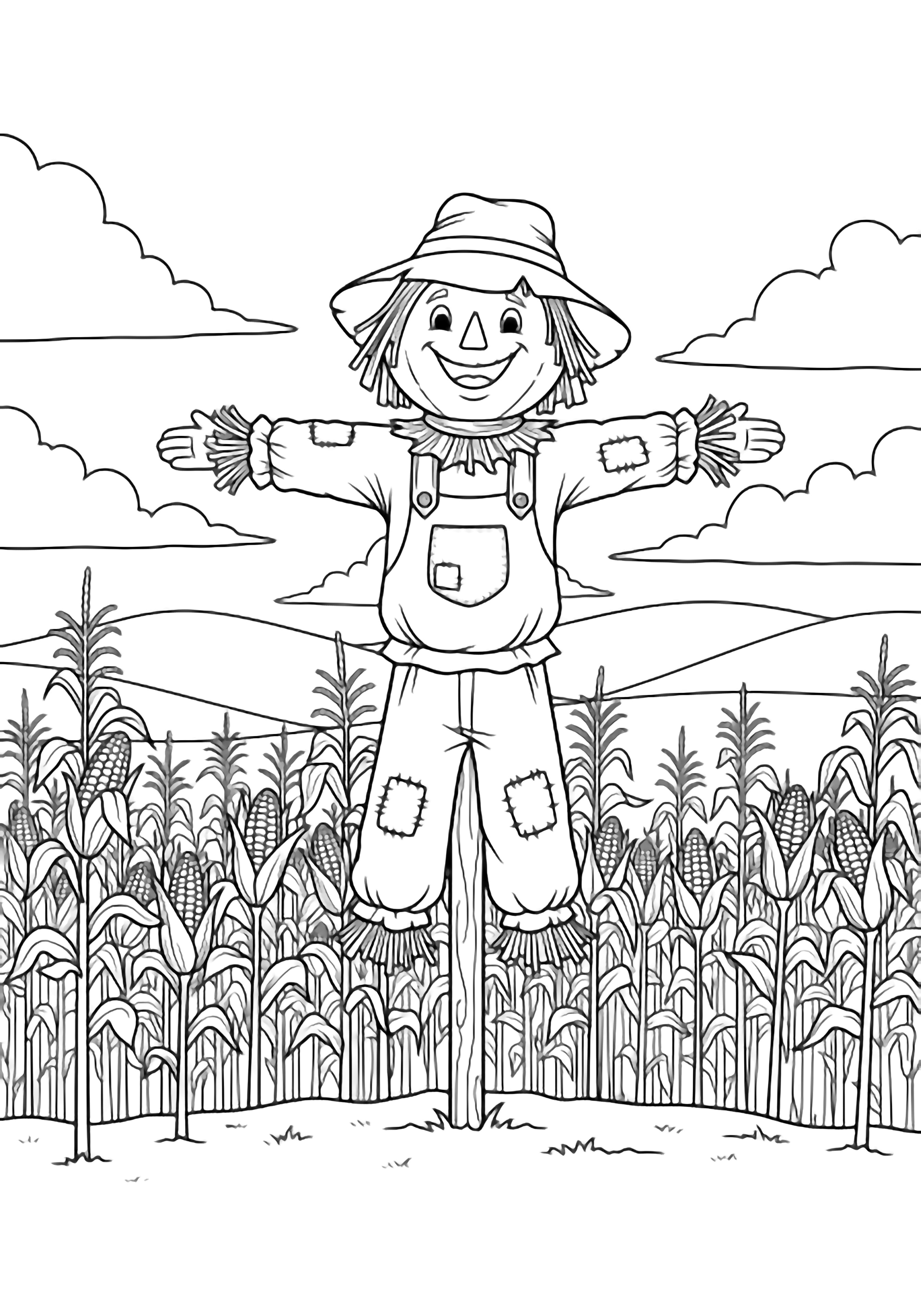 Smiling scarecrow with patched overalls and straw sleeves stands arms-wide on a stake among tall cornstalks, rolling hills, and fluffy clouds. kleurplaat