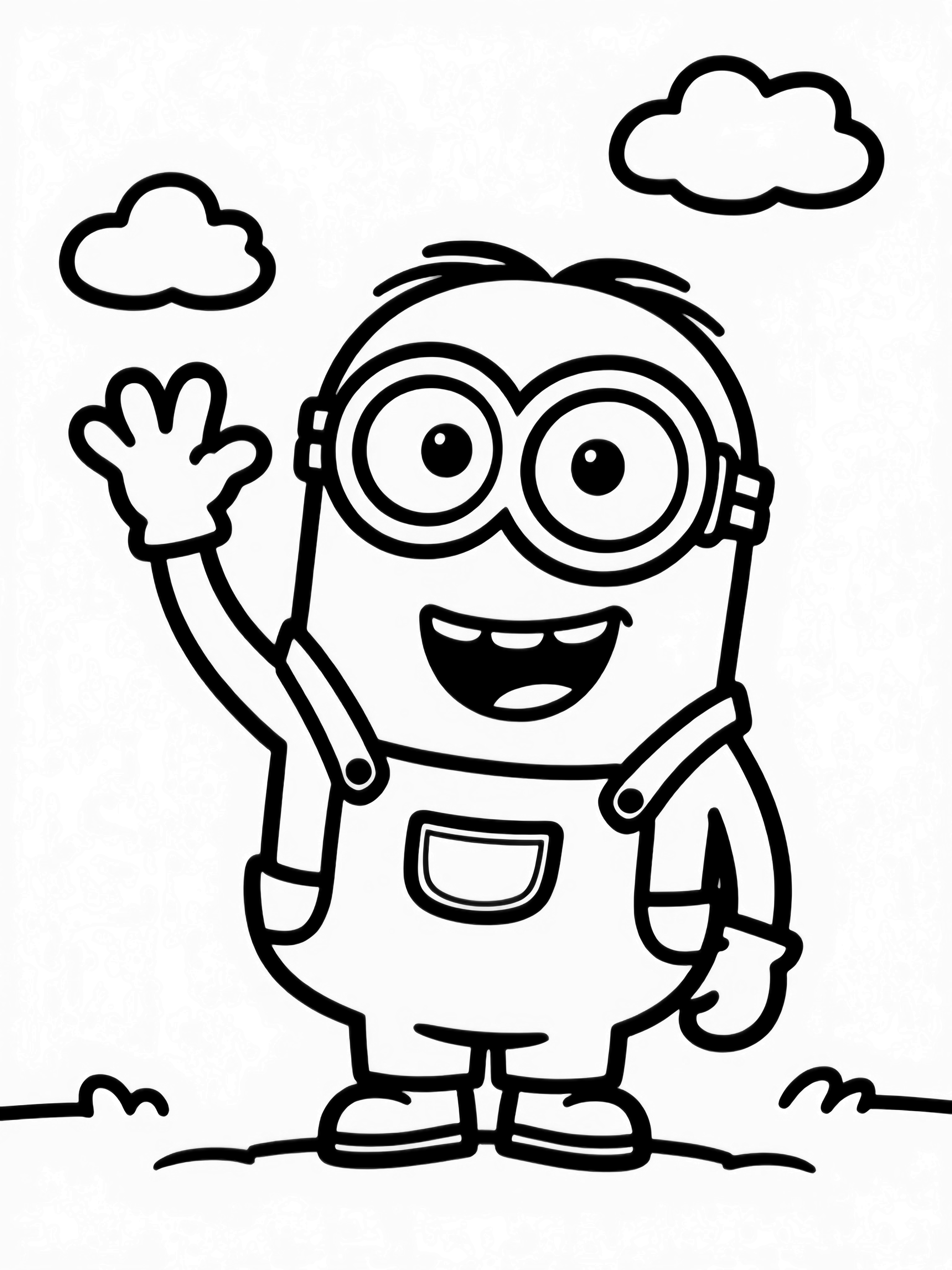 Cheerful Minion waves, goggles bright, overall straps and pocket clear, small ground line, two clouds drifting behind. kleurplaat