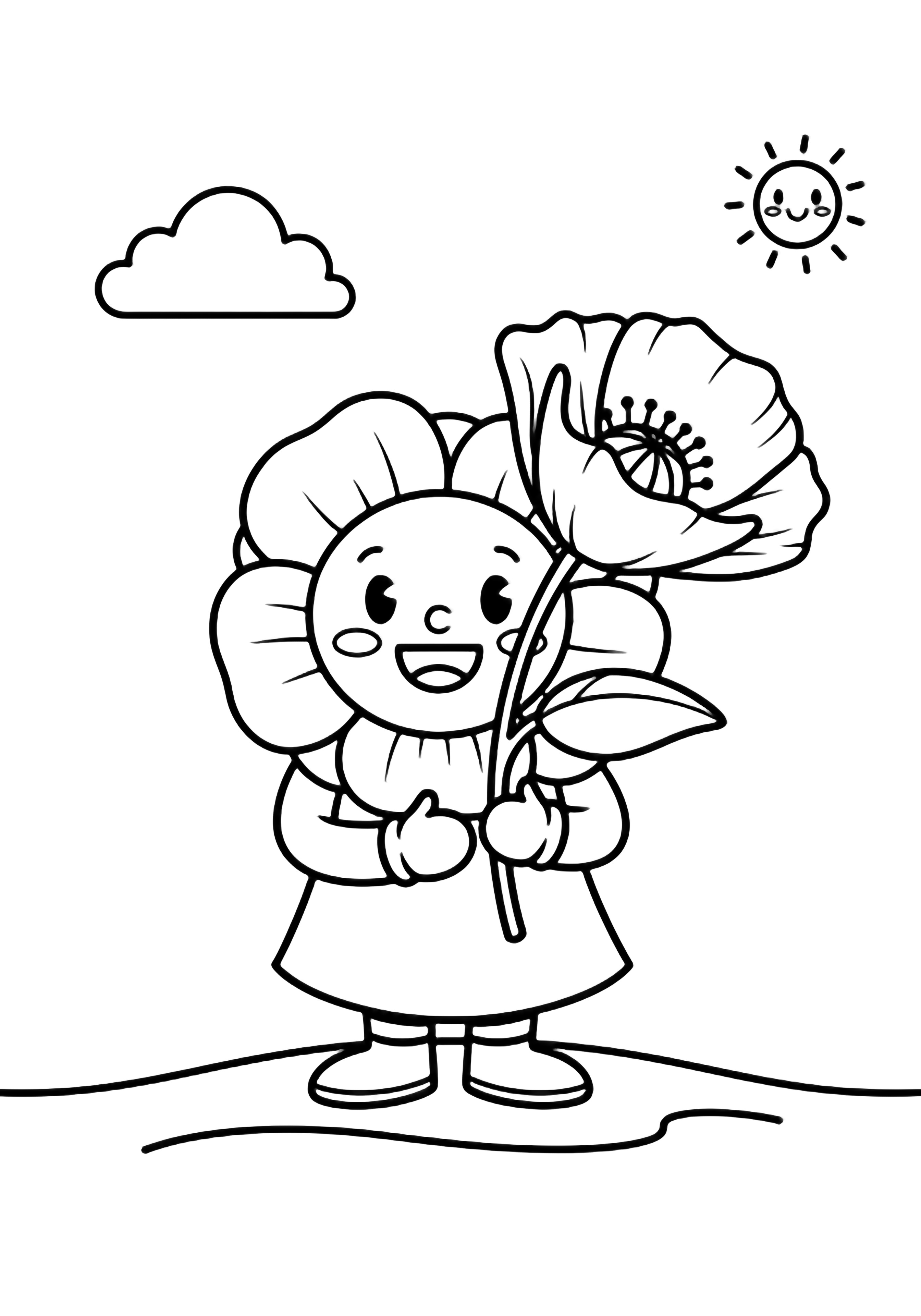 Smiling Poppy stands centered holding a single bloom; simple ground line, one cloud, tiny sun in corner. kleurplaat