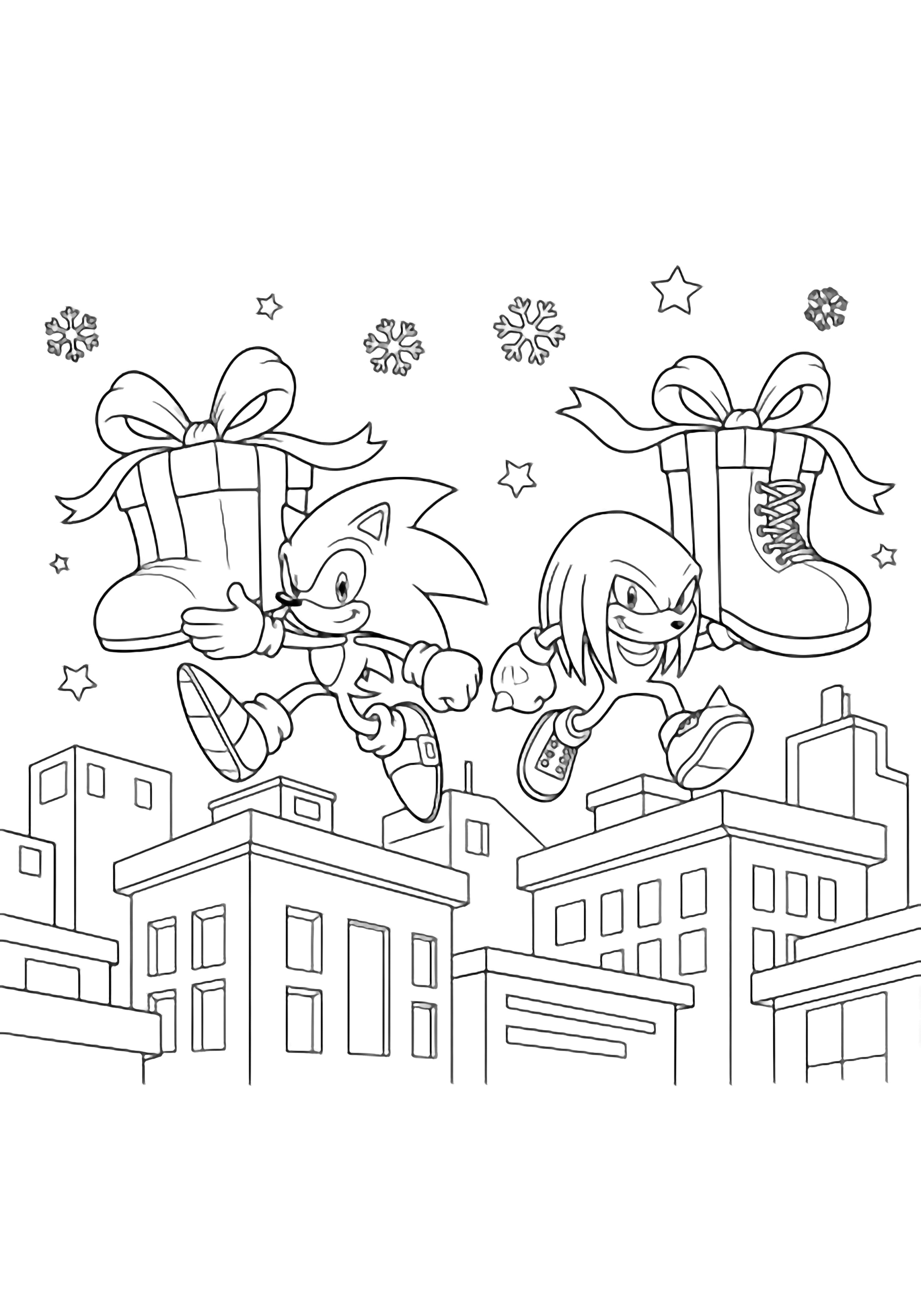 Sonic en Knuckles rennen over stadse daken, elk met een groot cadeau in de vorm van een laars met een strik erom, terwijl sneeuwvlokken en sterren om hen heen dwarrelen. kleurplaat