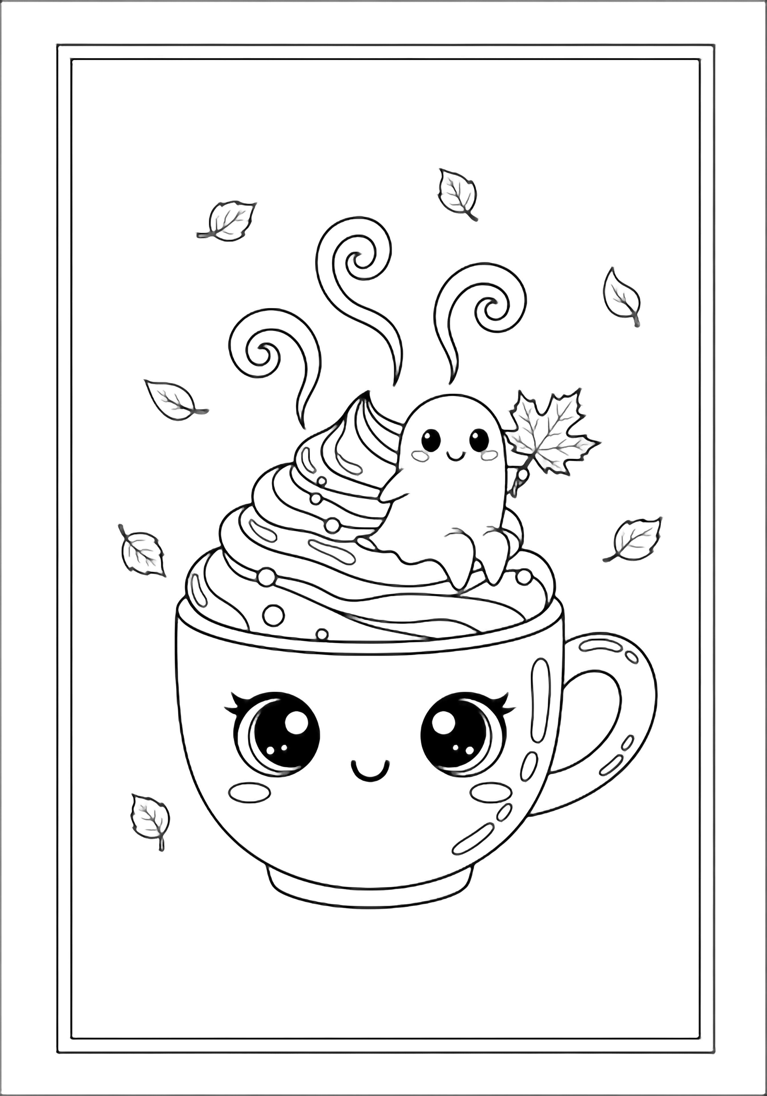 A kawaii cocoa mug with big eyes sends up curly steam where a tiny smiling ghost holding a maple leaf perches on whipped-cream peaks while autumn leaves drift around. kleurplaat