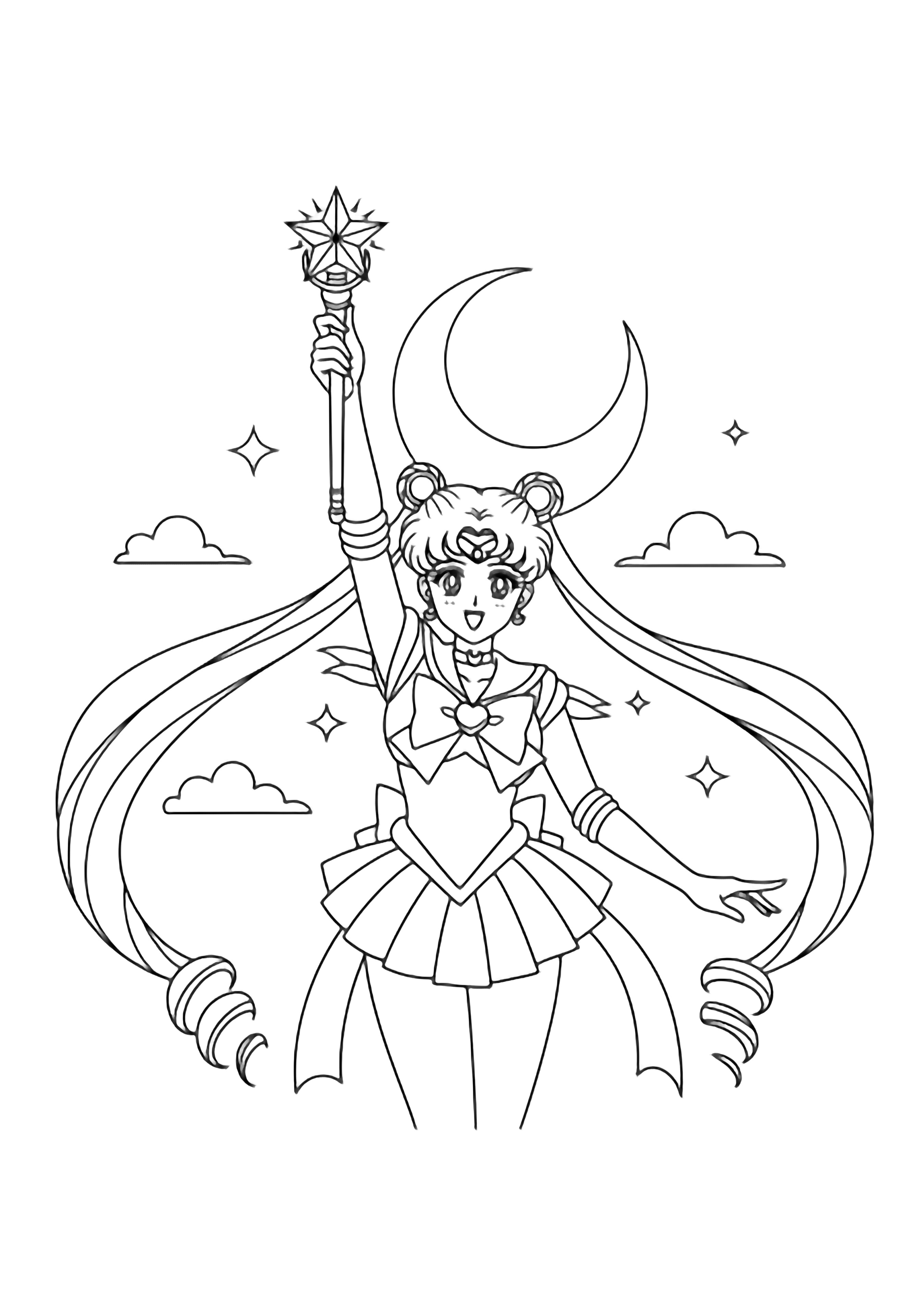 Sailor Moon stands center, long ponytails flowing, star wand raised; small crescent moon behind, few clouds and stars around. kleurplaat