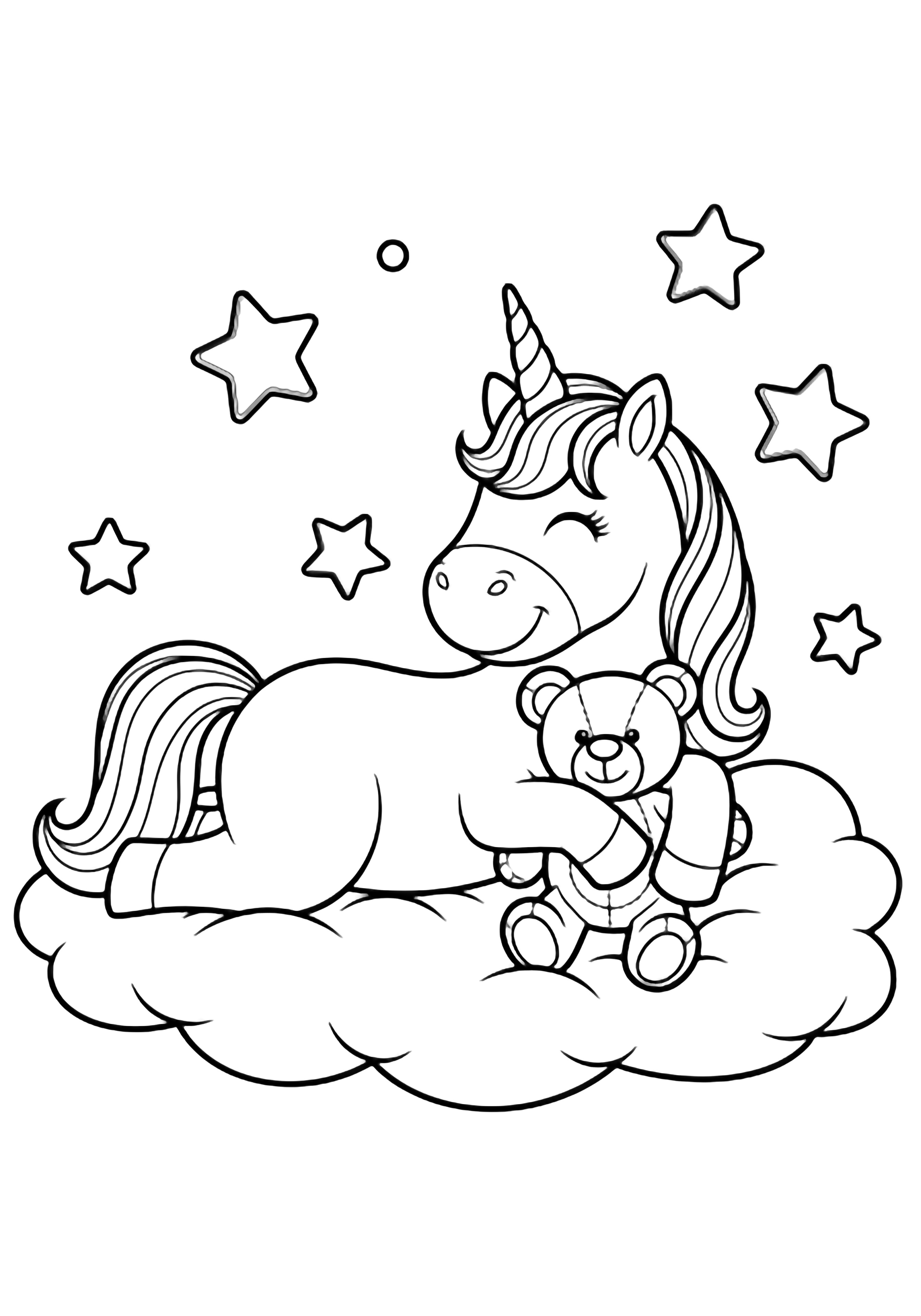 A smiling unicorn hugs a teddy bear while lying on a cloud, surrounded by big stars. kleurplaat