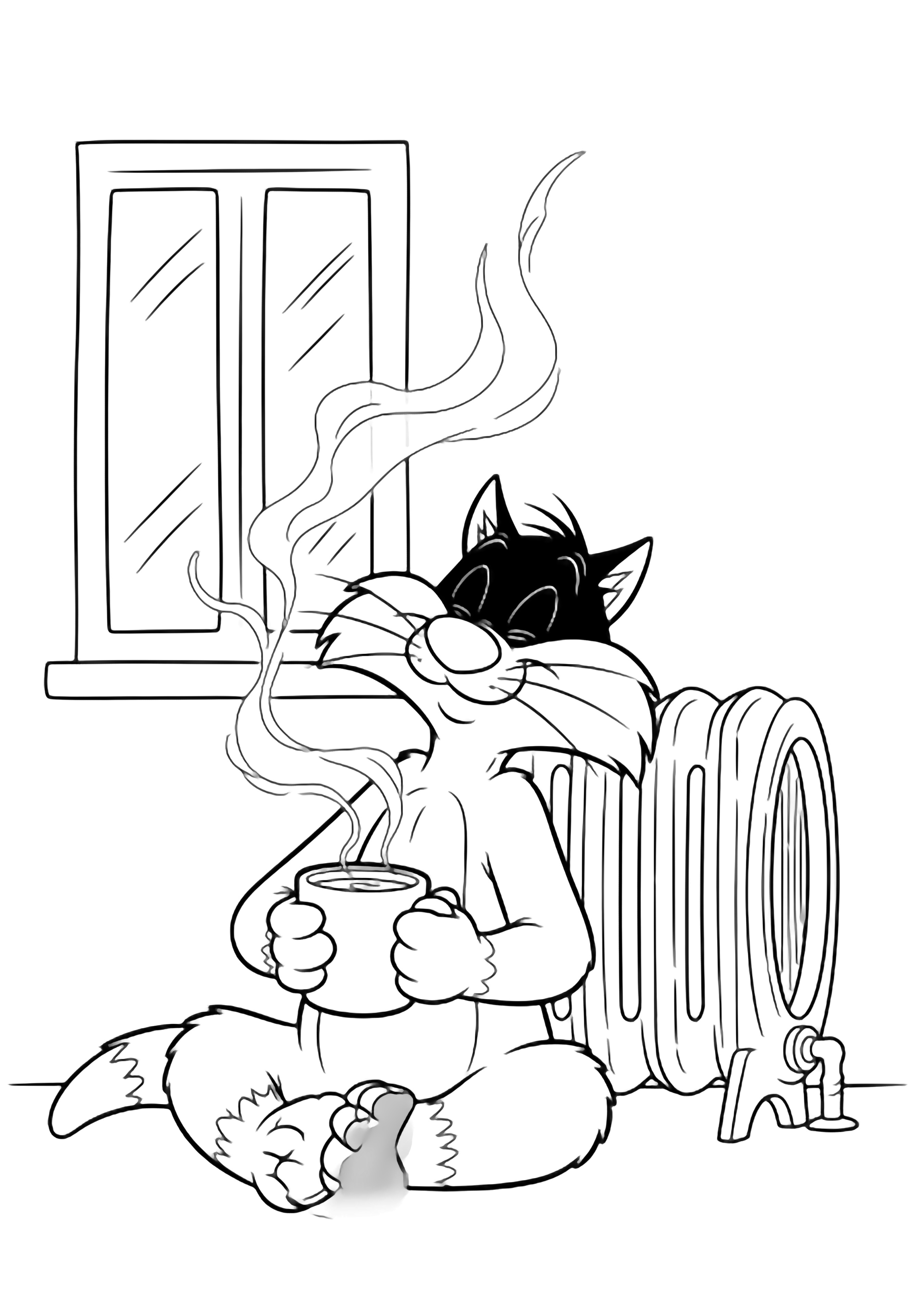 Sylvester the cat sits cross-legged beside a round radiator, cradling a steaming mug with closed eyes; a simple window frame and drifting steam behind him. kleurplaat