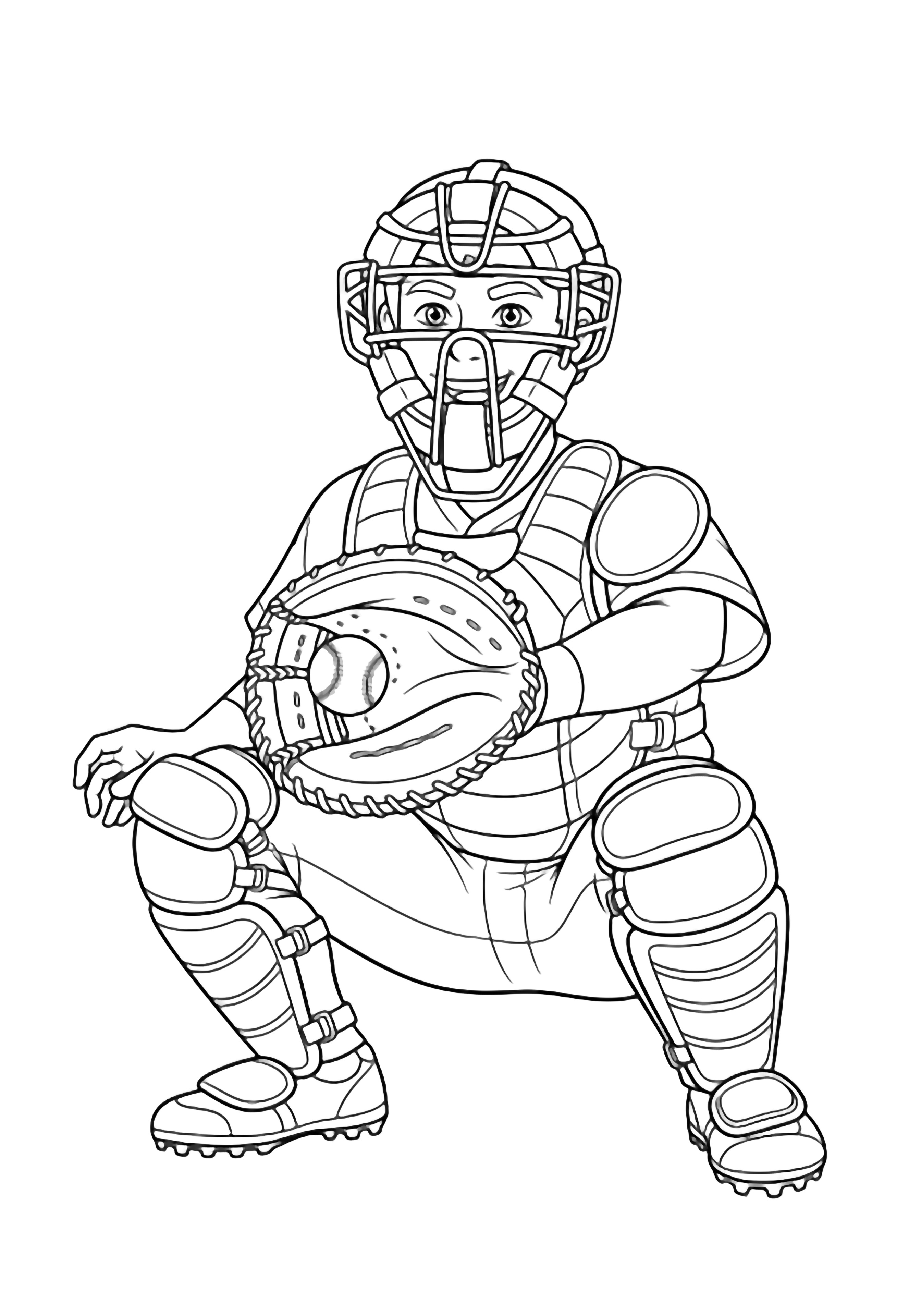 A smiling baseball catcher crouches with his mitt open wide and mask tilted up. kleurplaat