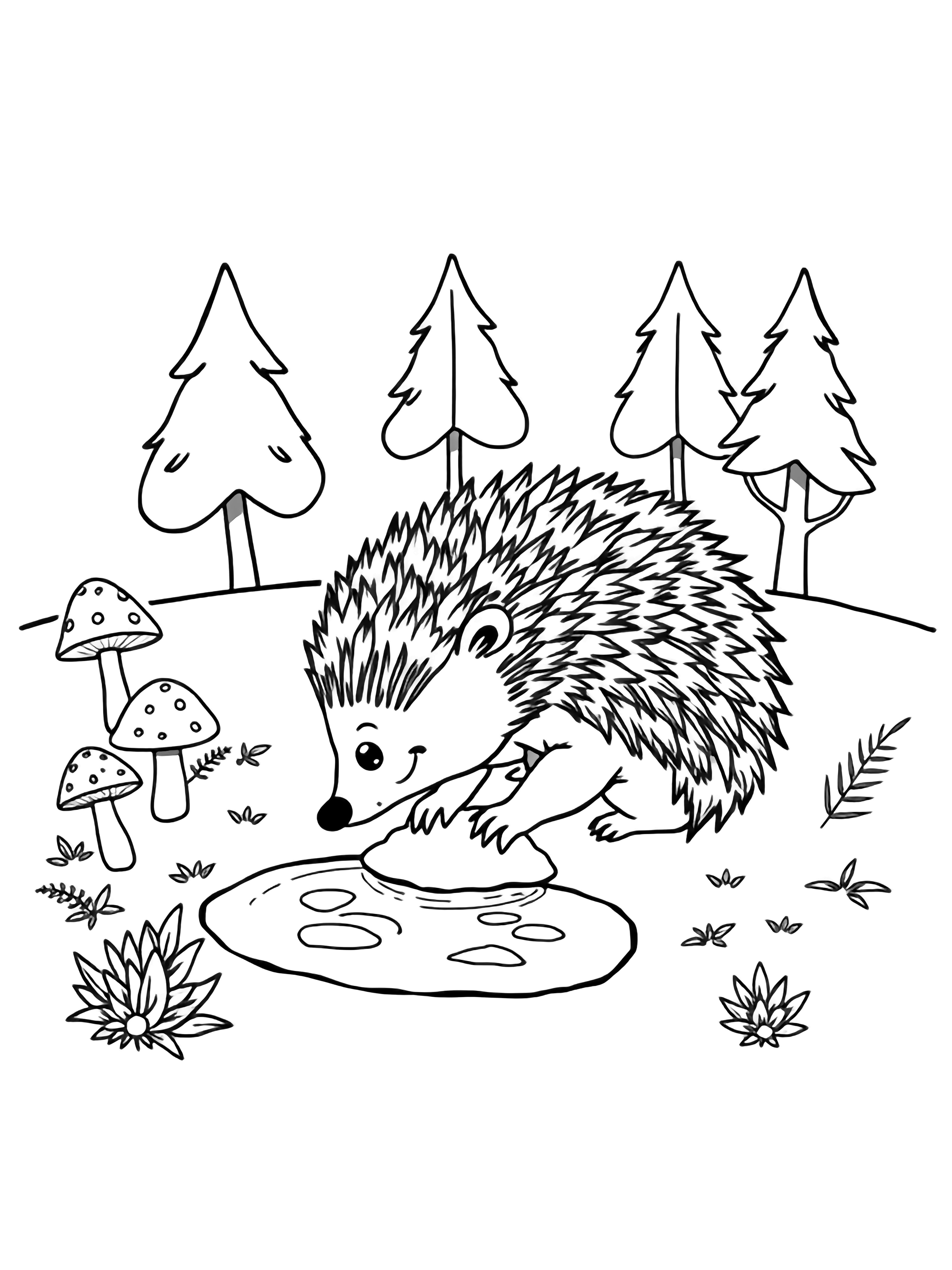 A smiling hedgehog crouches, tiny paws touching moss, sipping from a puddle amid mushrooms, ferns, and three trees. kleurplaat