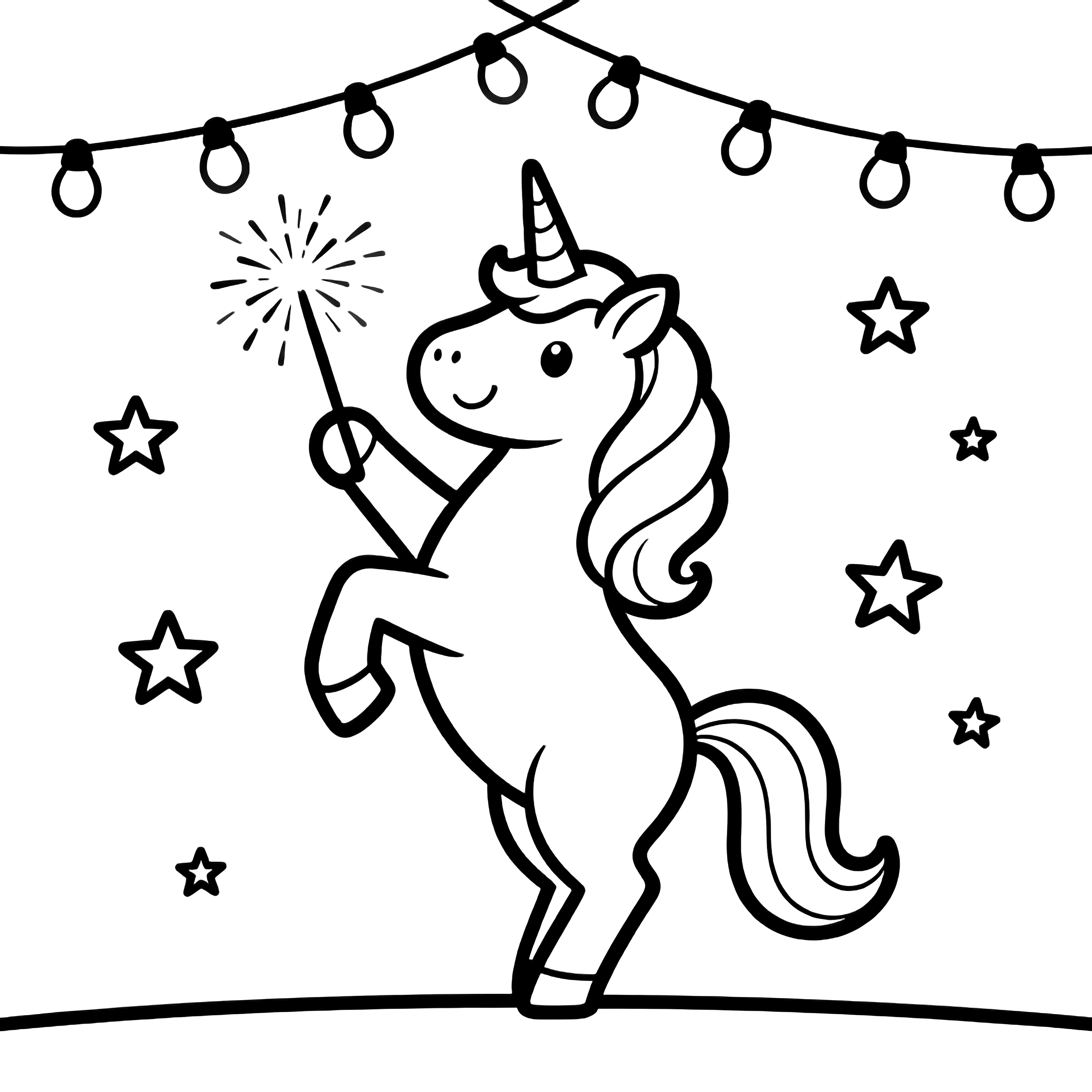 A unicorn rears up on hind legs, balancing a sparkler in one hoof beneath looping string lights and stars. kleurplaat