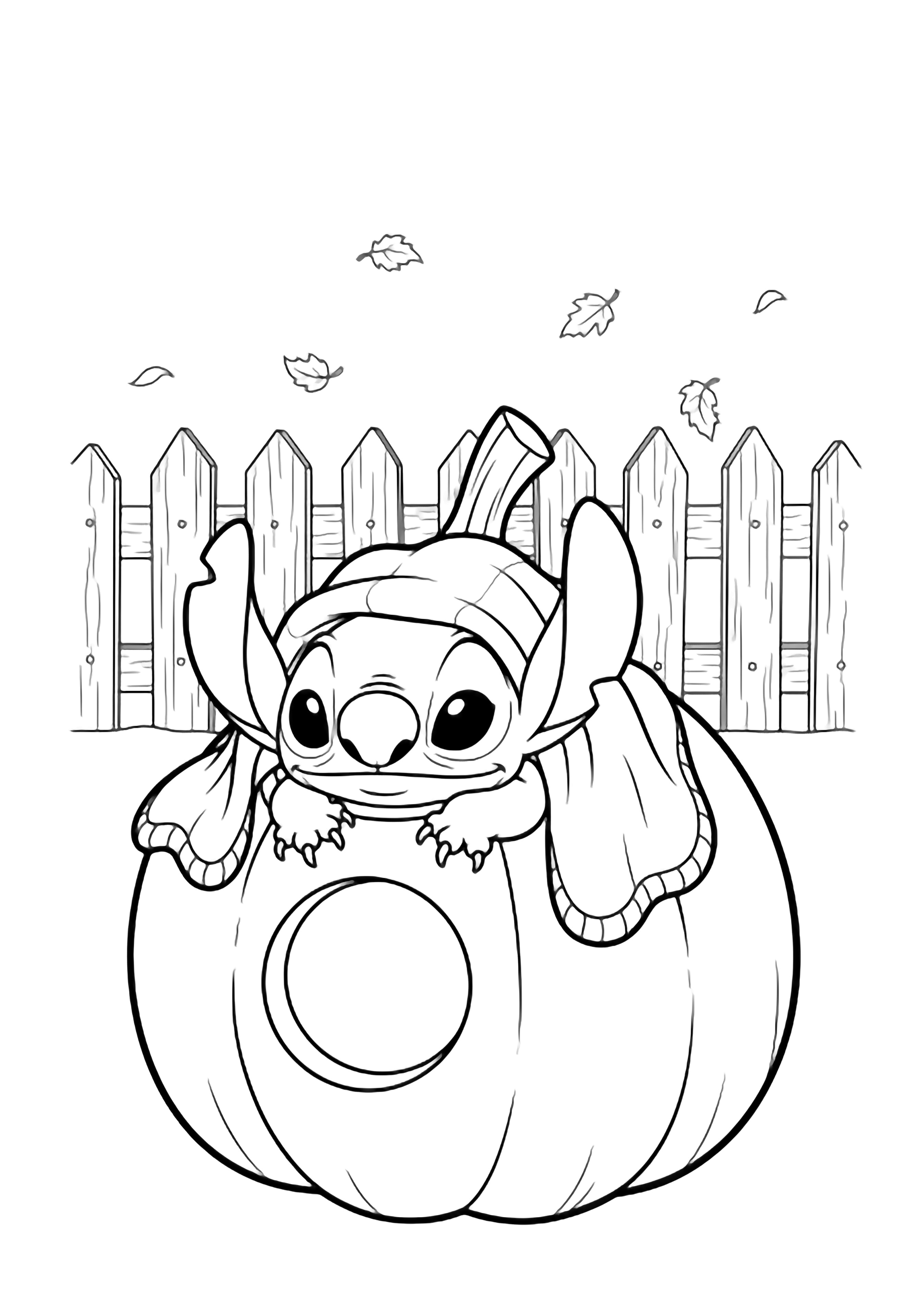 Stitch curled inside a giant pumpkin blanket, peeking through a round window, while simple leaves drift past a picket fence. kleurplaat