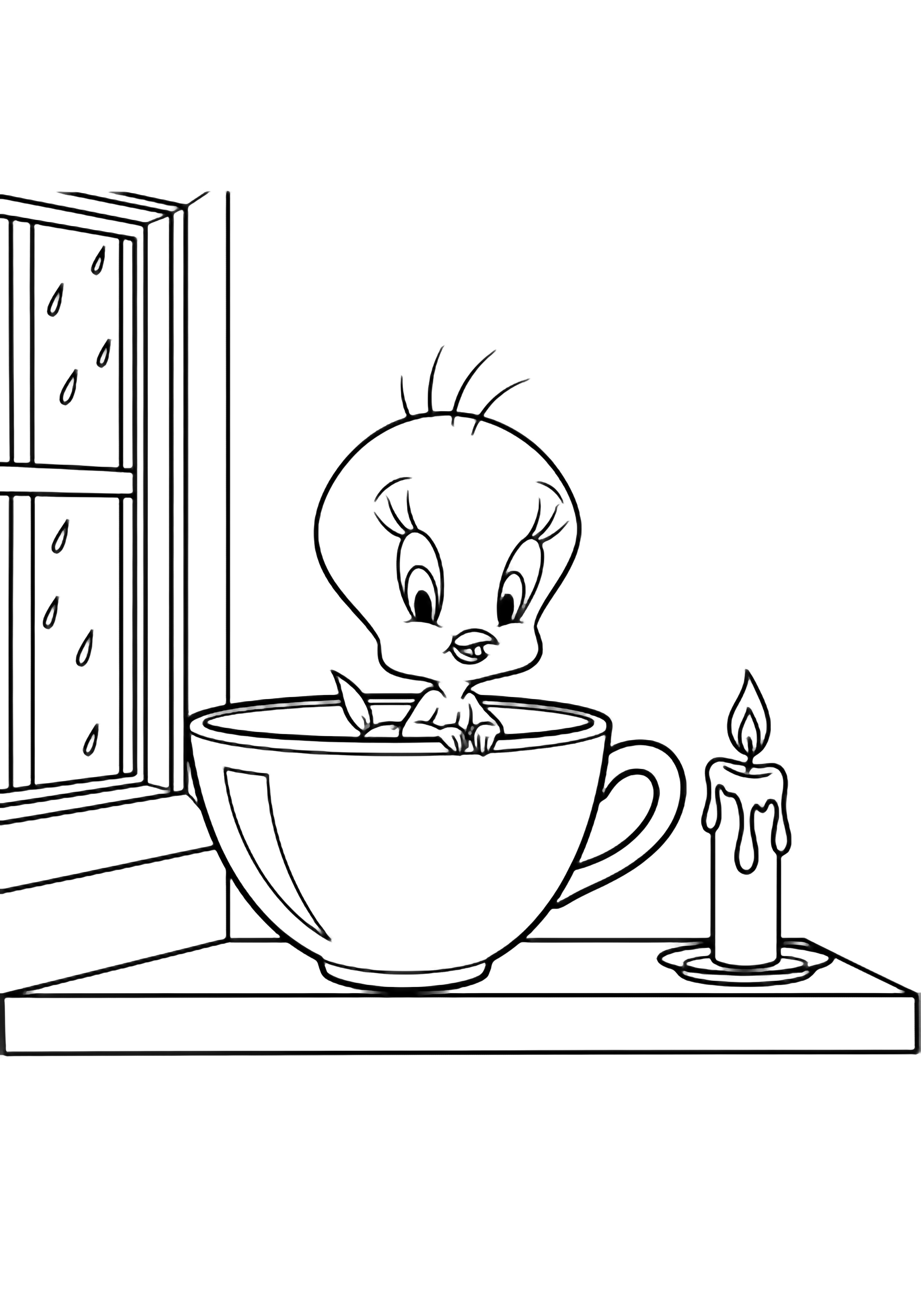 Tweety perched in a big teacup on a narrow sill, raindrops on the window, one small candle beside. kleurplaat