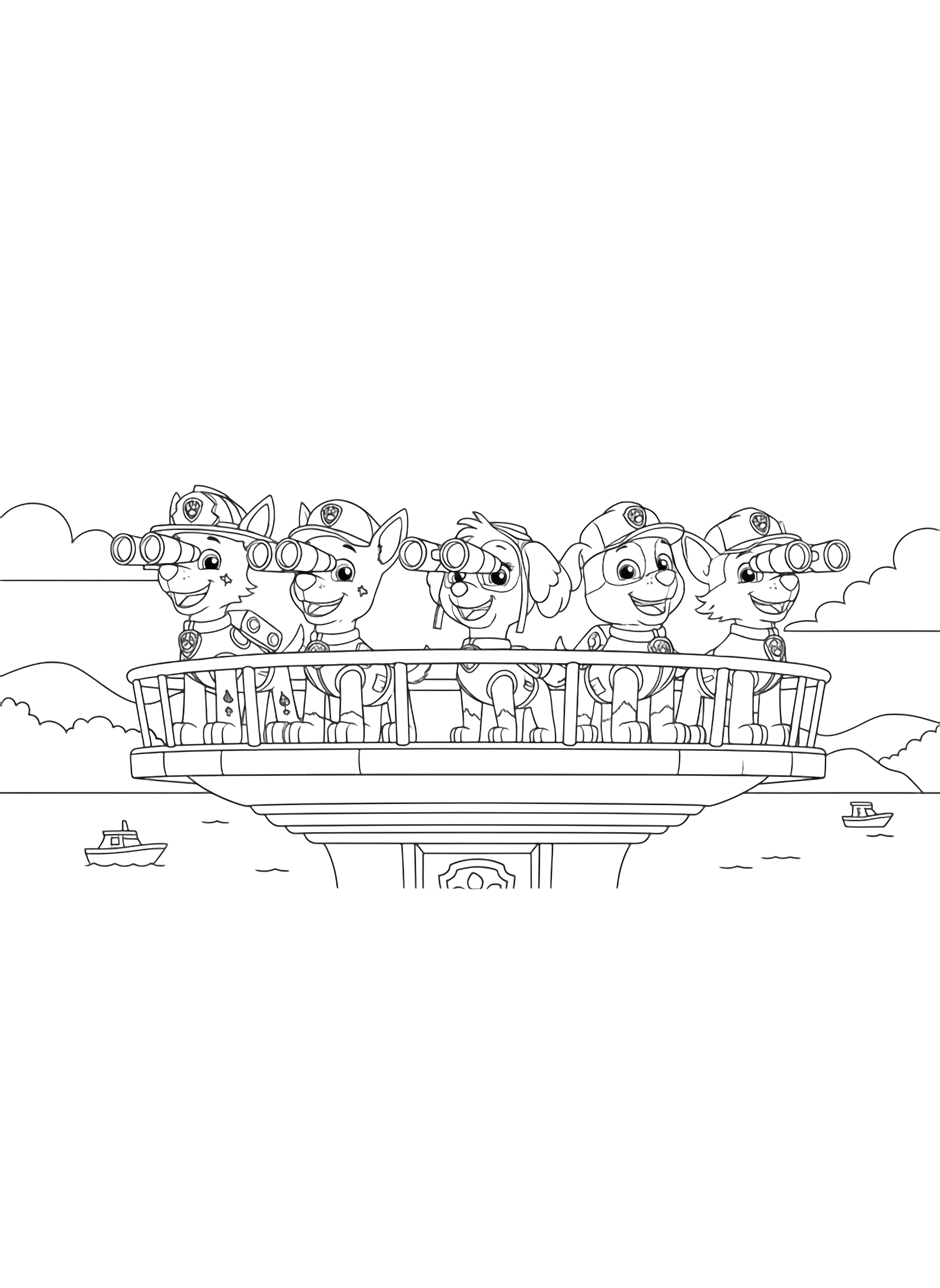 A cheerful black and white page showing the PAW Patrol pups lined up on the Lookout Tower balcony Chase Marshall Skye Rubble Rocky and Zuma each hold binoculars (to be colored) pointed toward the bay their tails wagging with excitement The balcony railing has simple clean black and white line drawing minimal shading no colour no fill kleurplaat