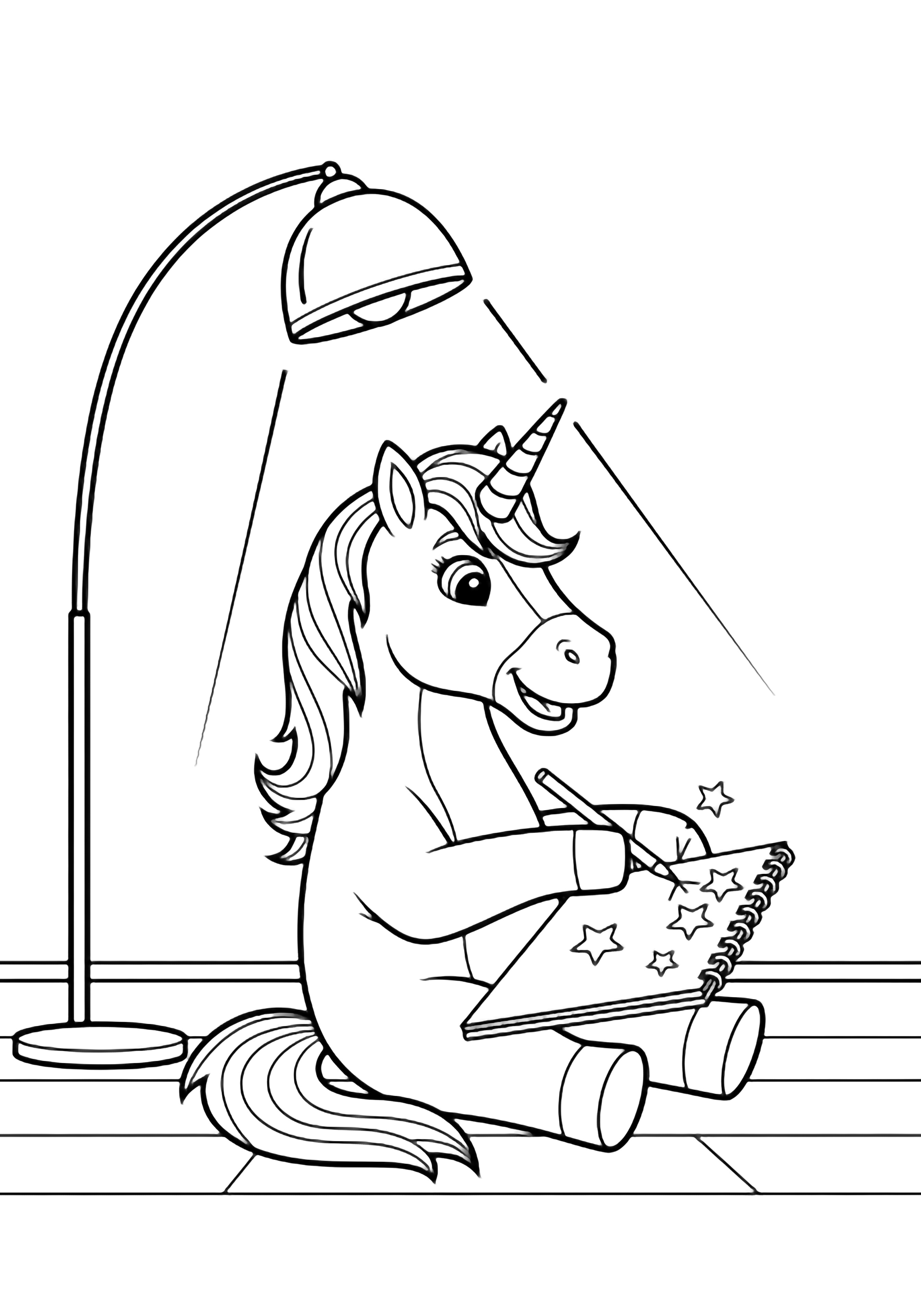 A smiling unicorn sits upright, horn poised above a sketchpad on its lap, drawing simple stars; a tall floor lamp arcs overhead, empty floor and blank wall behind. kleurplaat