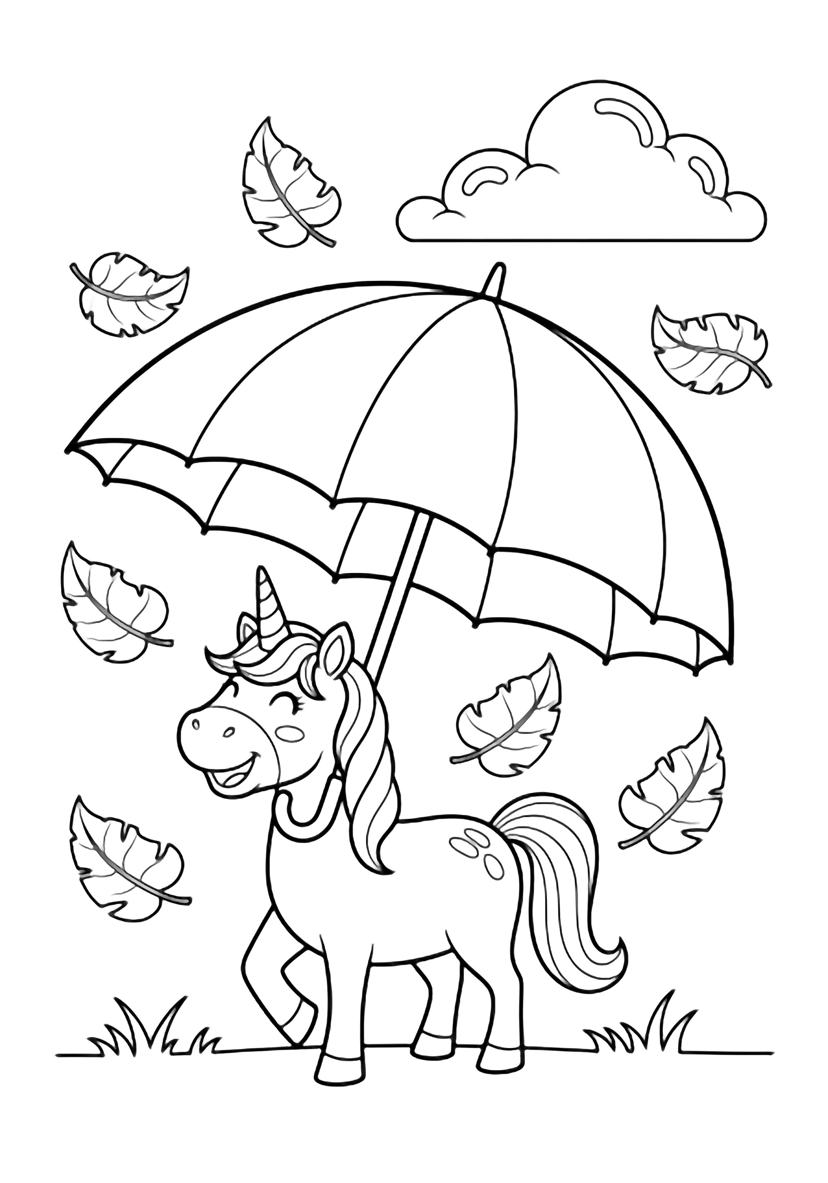 A smiling unicorn stands under a huge umbrella while six swirling leaves drift around, a puffy cloud floats above, and a simple grass line borders the scene. kleurplaat