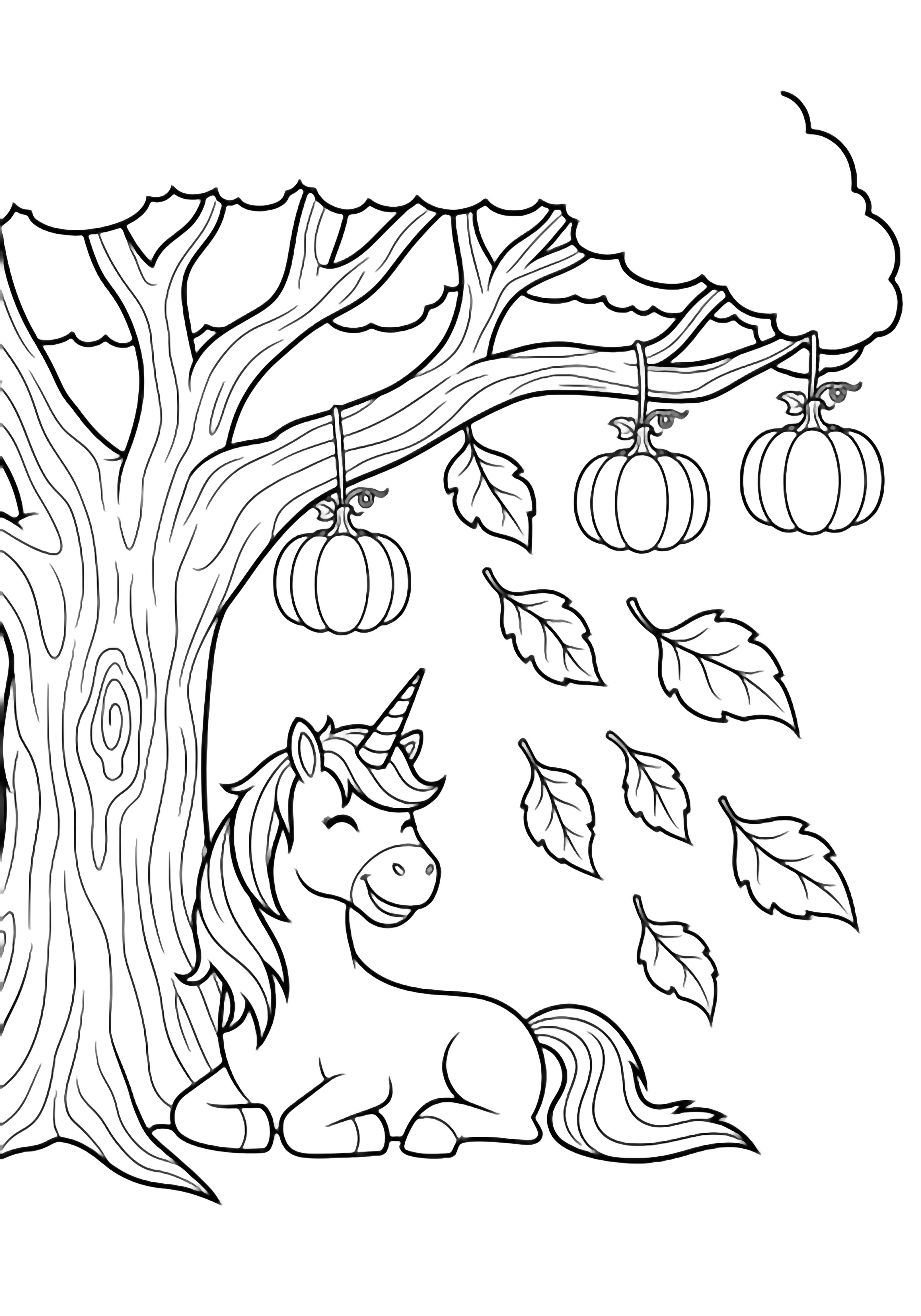 A happy unicorn relaxes under a big tree whose branches carry round pumpkins; large leaves drift down. kleurplaat