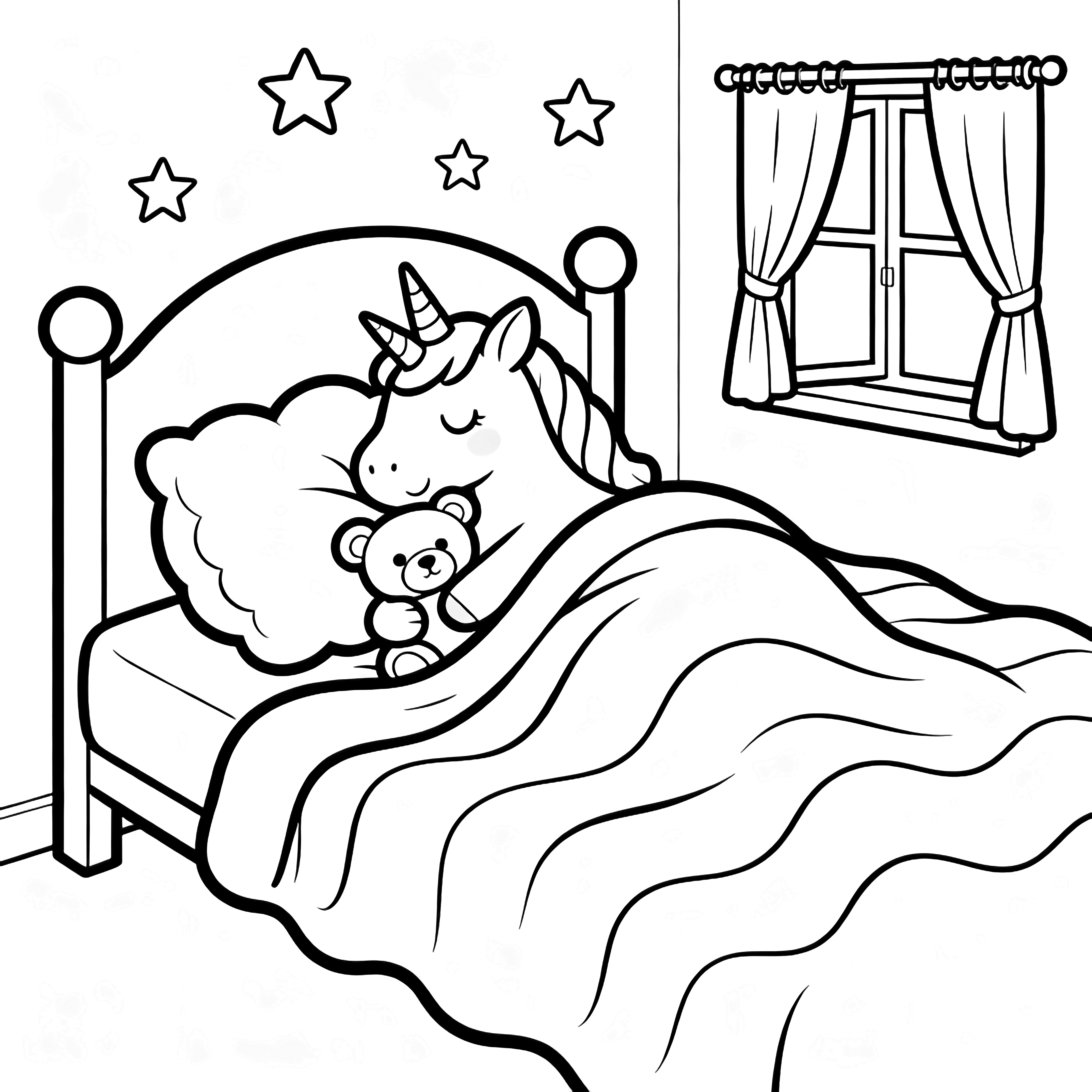 A smiling unicorn hugs a teddy bear under a wavy blanket on a bed with a rounded headboard, a cloud pillow, open-curtained window, and drifting stars. kleurplaat