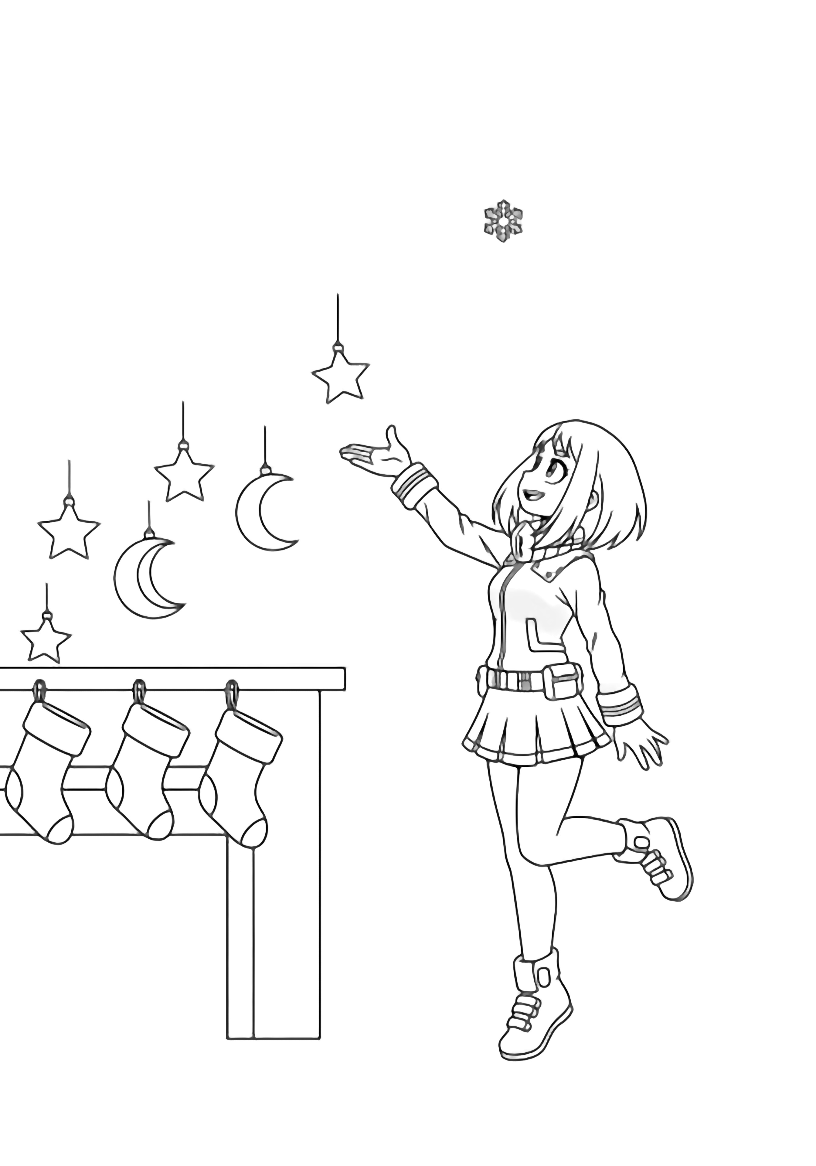 Ochako on tiptoe reaches toward floating star and moon ornaments above a mantel, wearing simple stockings while a tiny snowflake drifts nearby. kleurplaat