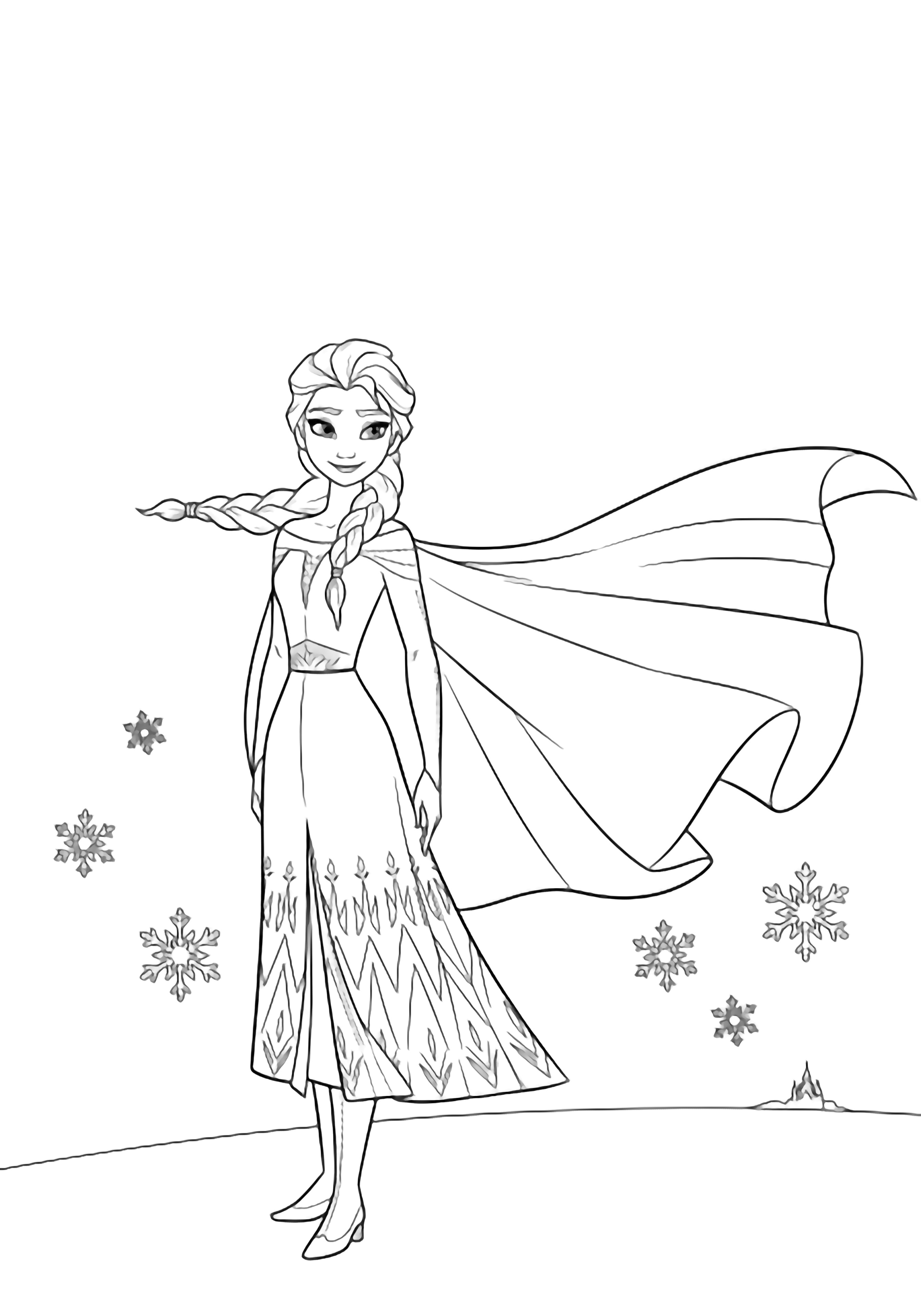Elsa stands smiling, braid over shoulder, cape billowing; snowflakes drift around her feet, tiny castle on horizon. kleurplaat