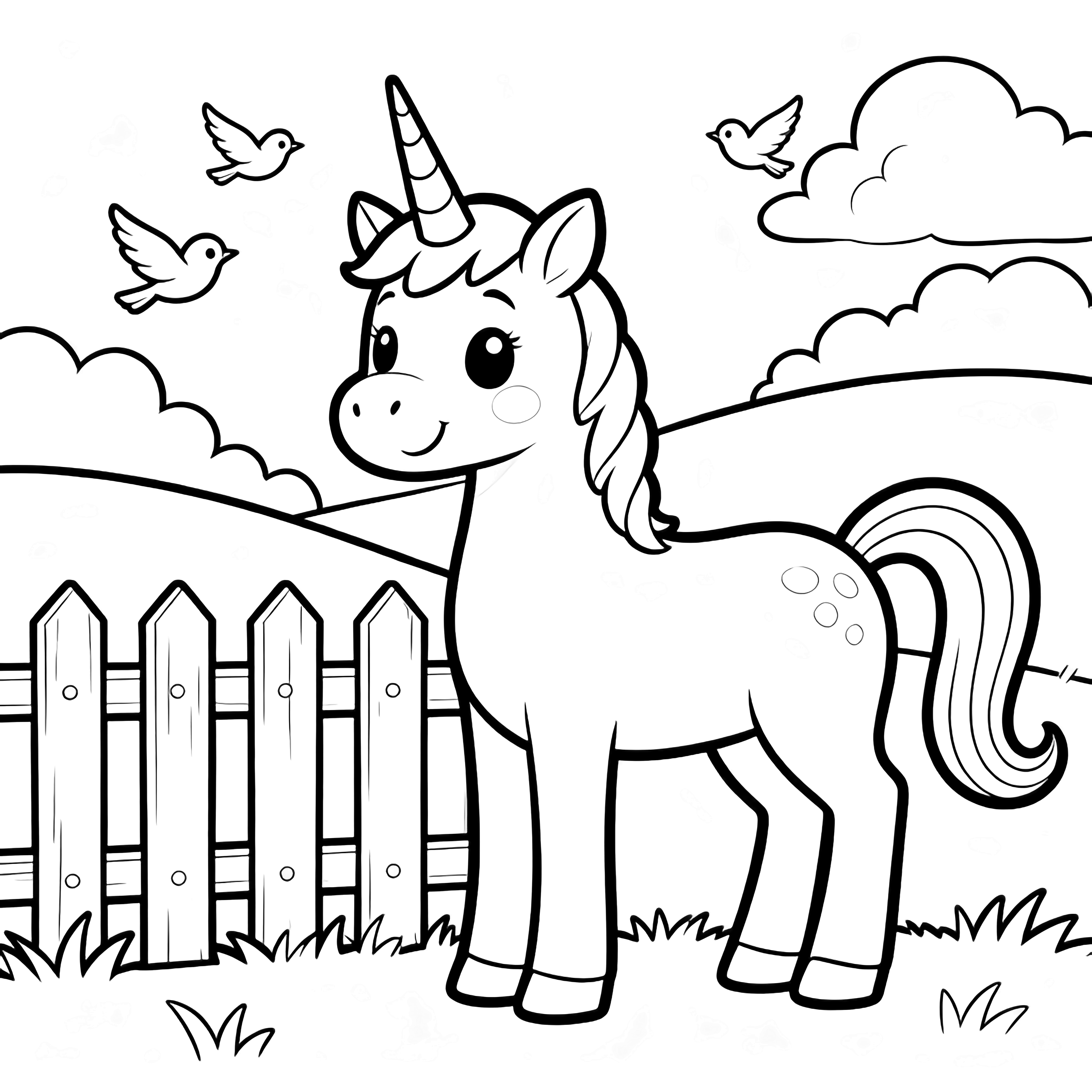 A smiling unicorn beside a picket fence, birds gliding past, rolling hills and puffy clouds behind. kleurplaat