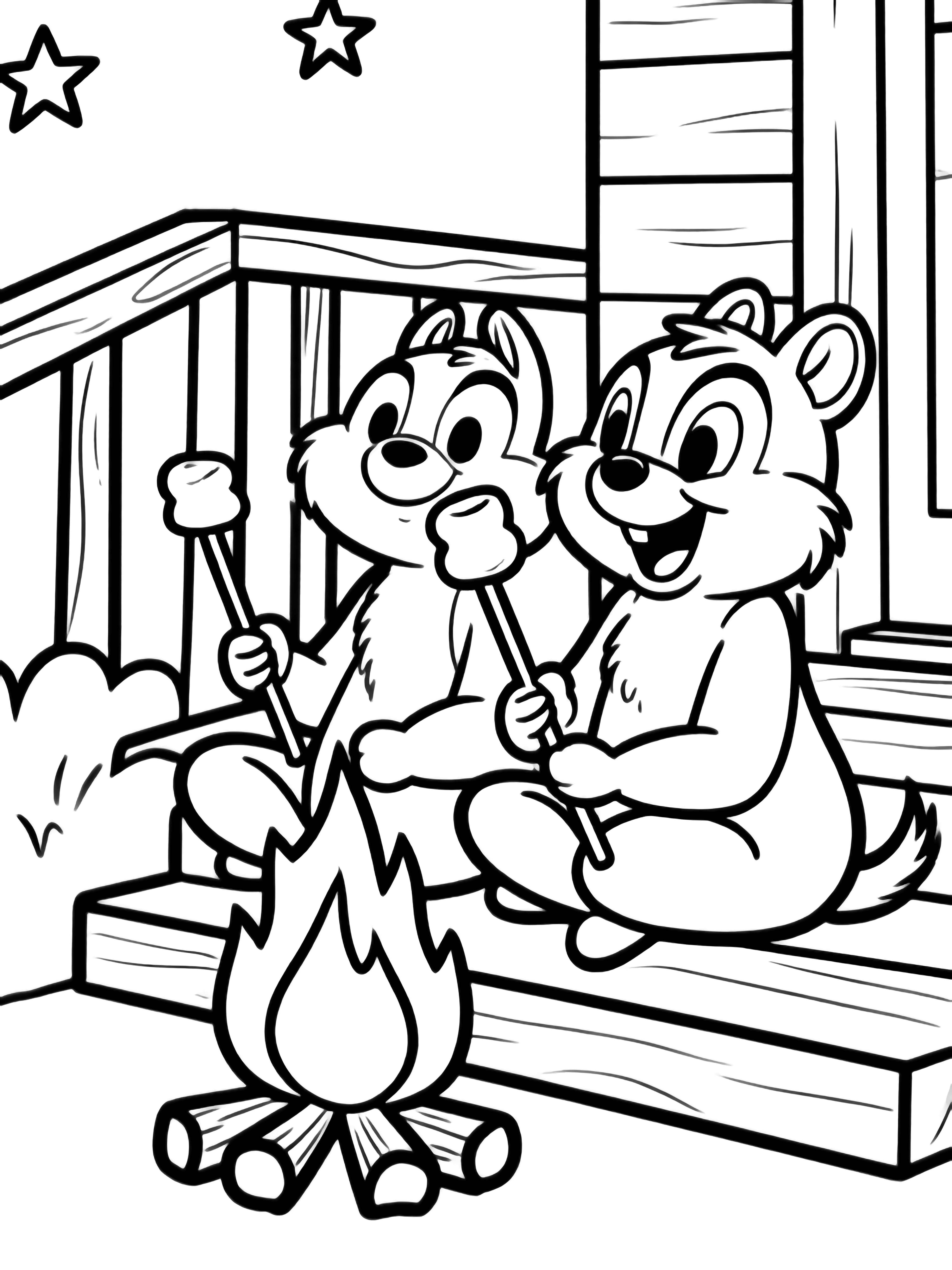 Chip and Dale sit cross-legged on porch steps, toasting marshmallows over a campfire while Steven lounges behind them, framed by wooden planks, railing, and distant stars. kleurplaat
