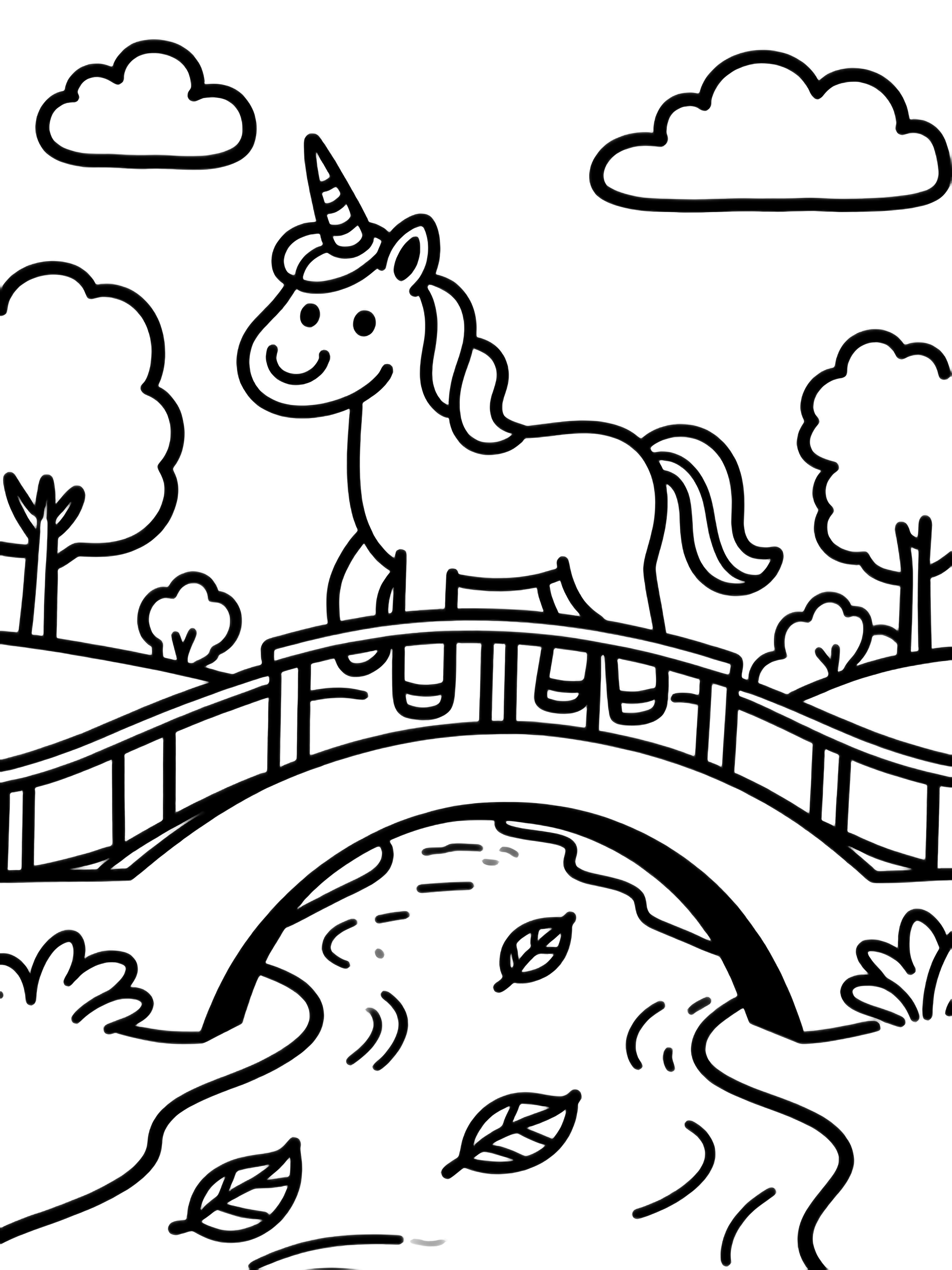 A smiling unicorn stands on an arched bridge above a gentle river with drifting leaves, clouds and distant trees. kleurplaat