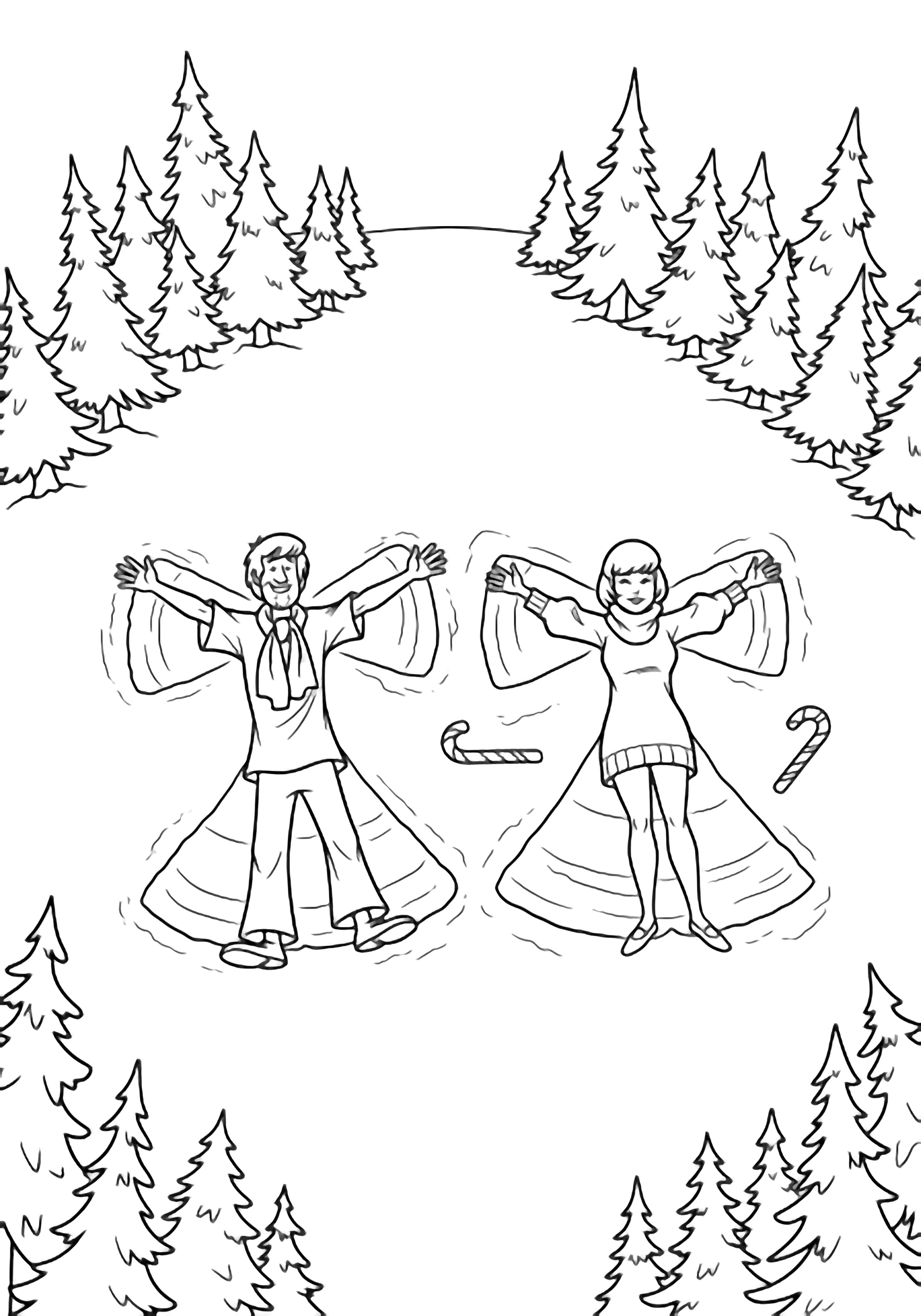 illustration on a Shaggy and Velma lie on blank snow arms sweeping angel outlines; tall pines circle them; simple candy canes peek beside; bold clear lines no shading all white spaces to color clean black kleurplaat