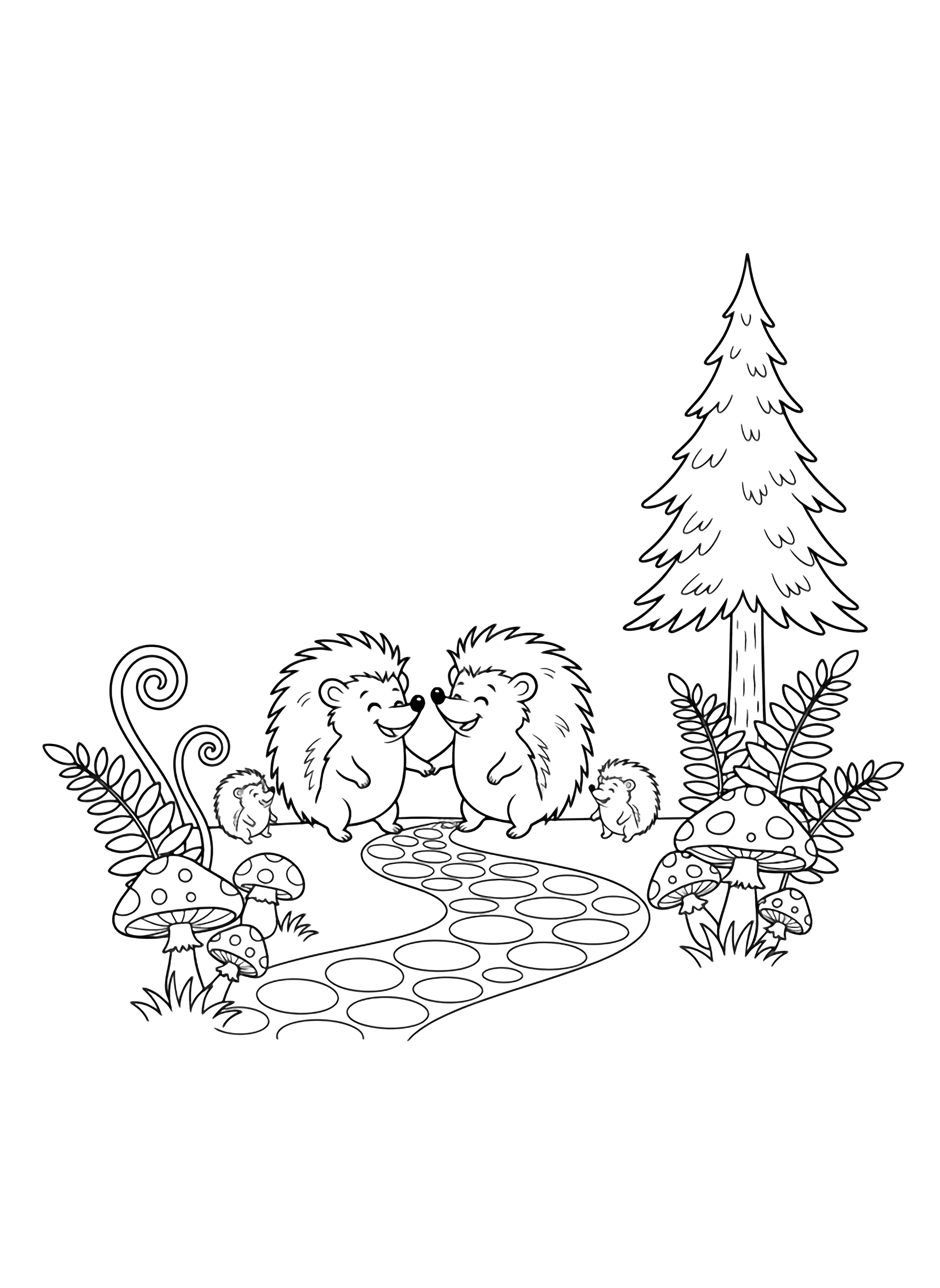 Smiling hedgehog parents lead two tiny spiky kids along a winding forest path edged with ferns, mushrooms, and one tall pine. kleurplaat