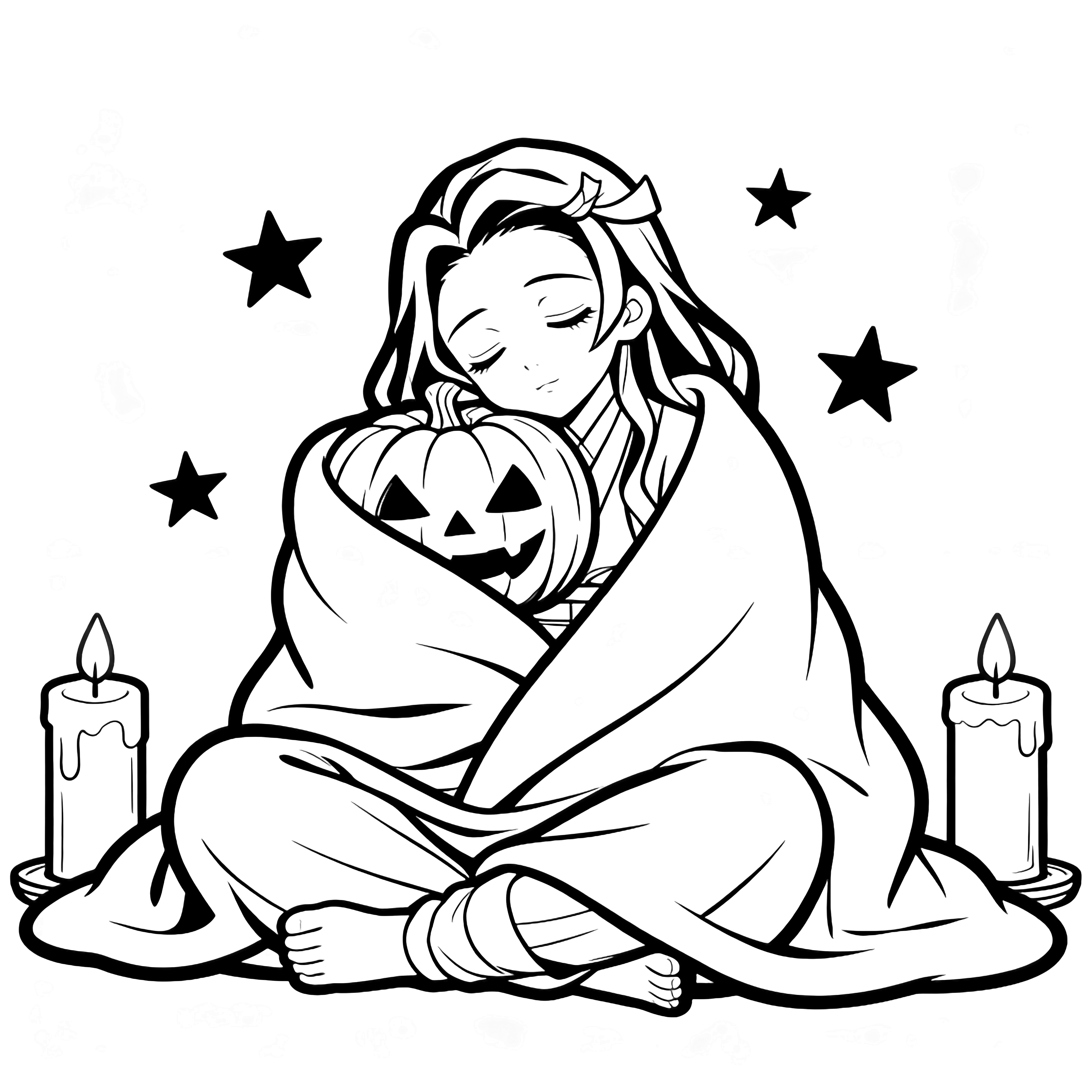 Nezuko sits cross-legged under a big blanket, head resting on a pumpkin, two candles beside her, simple stars overhead. kleurplaat