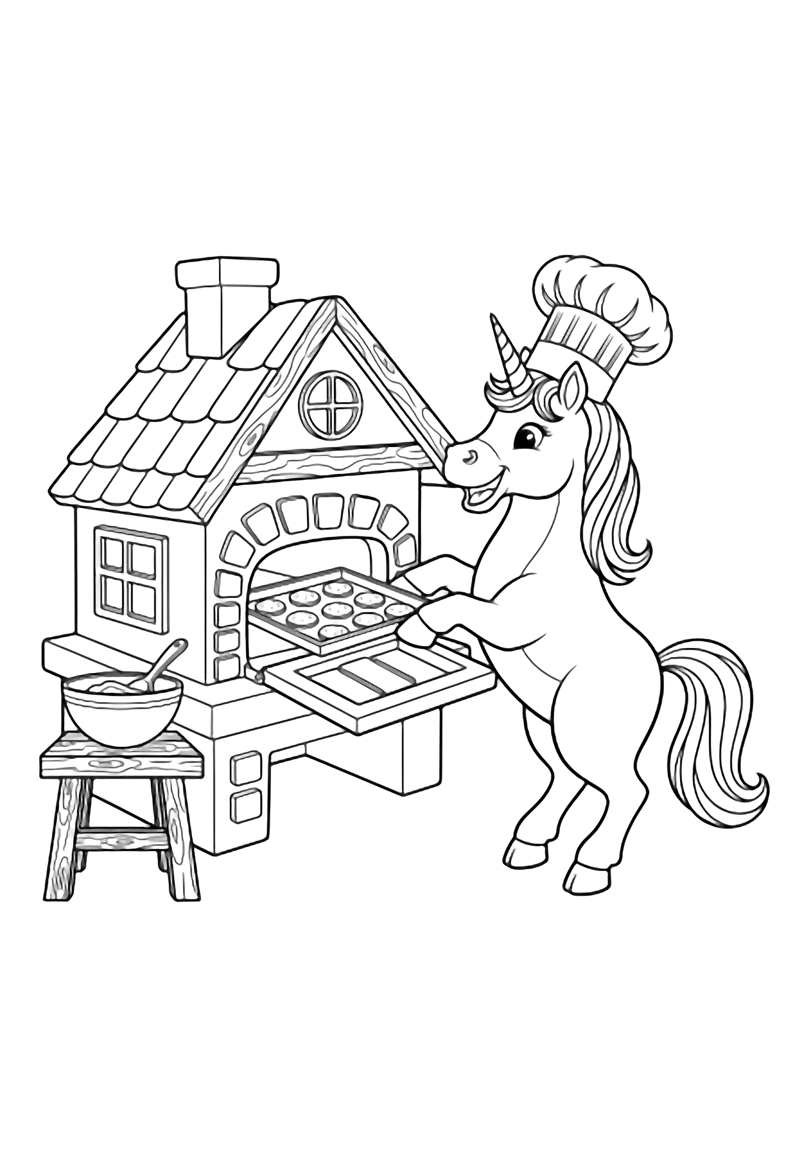 A unicorn in a chef's hat slides a tray of round cookies into a cottage oven; simple windows, beams, and a table with a mixing bowl complete the cozy kitchen scene. kleurplaat