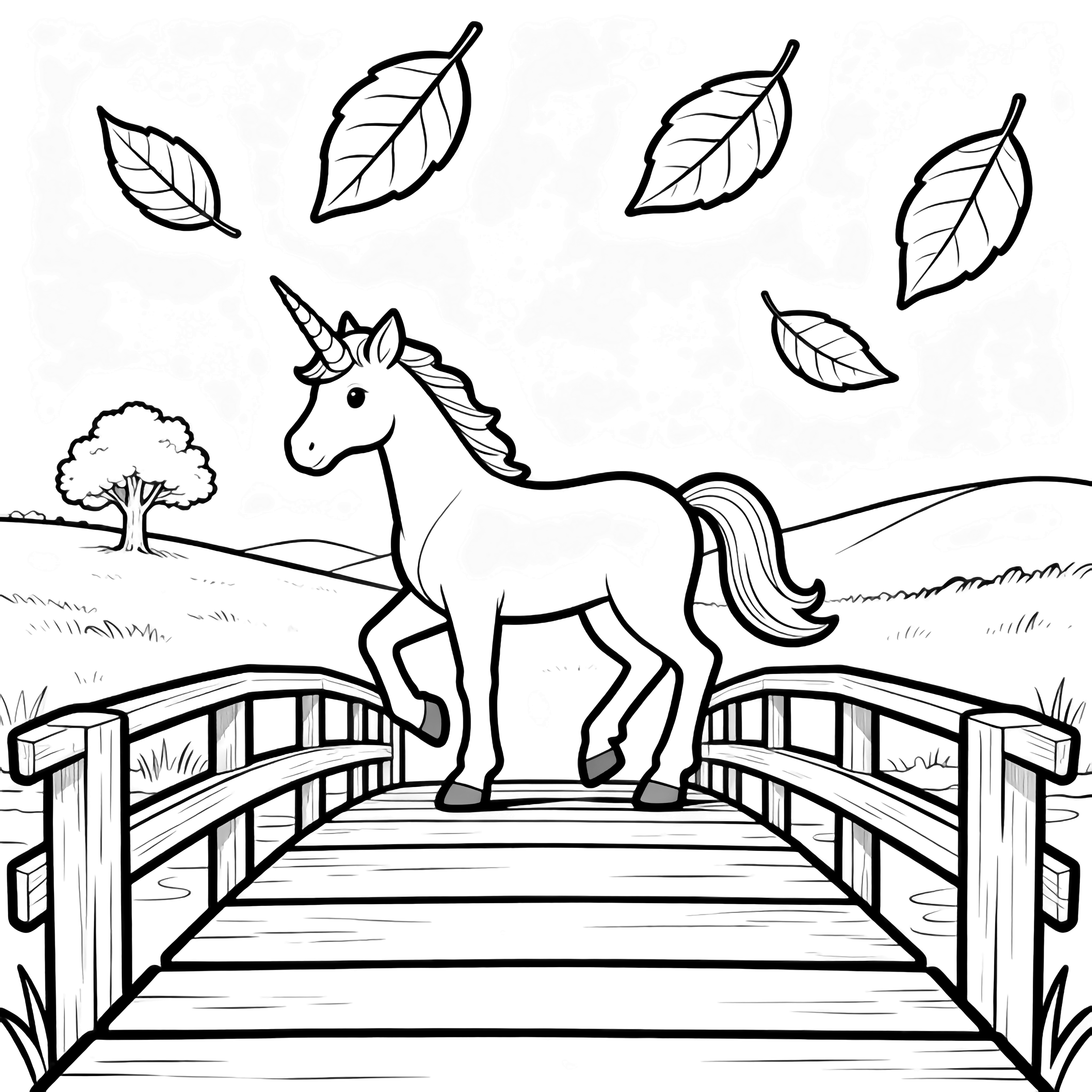 Unicorn stepping onto a simple plank bridge, three wide rail boards, five large leaves drifting overhead, distant tree and rolling hills. kleurplaat