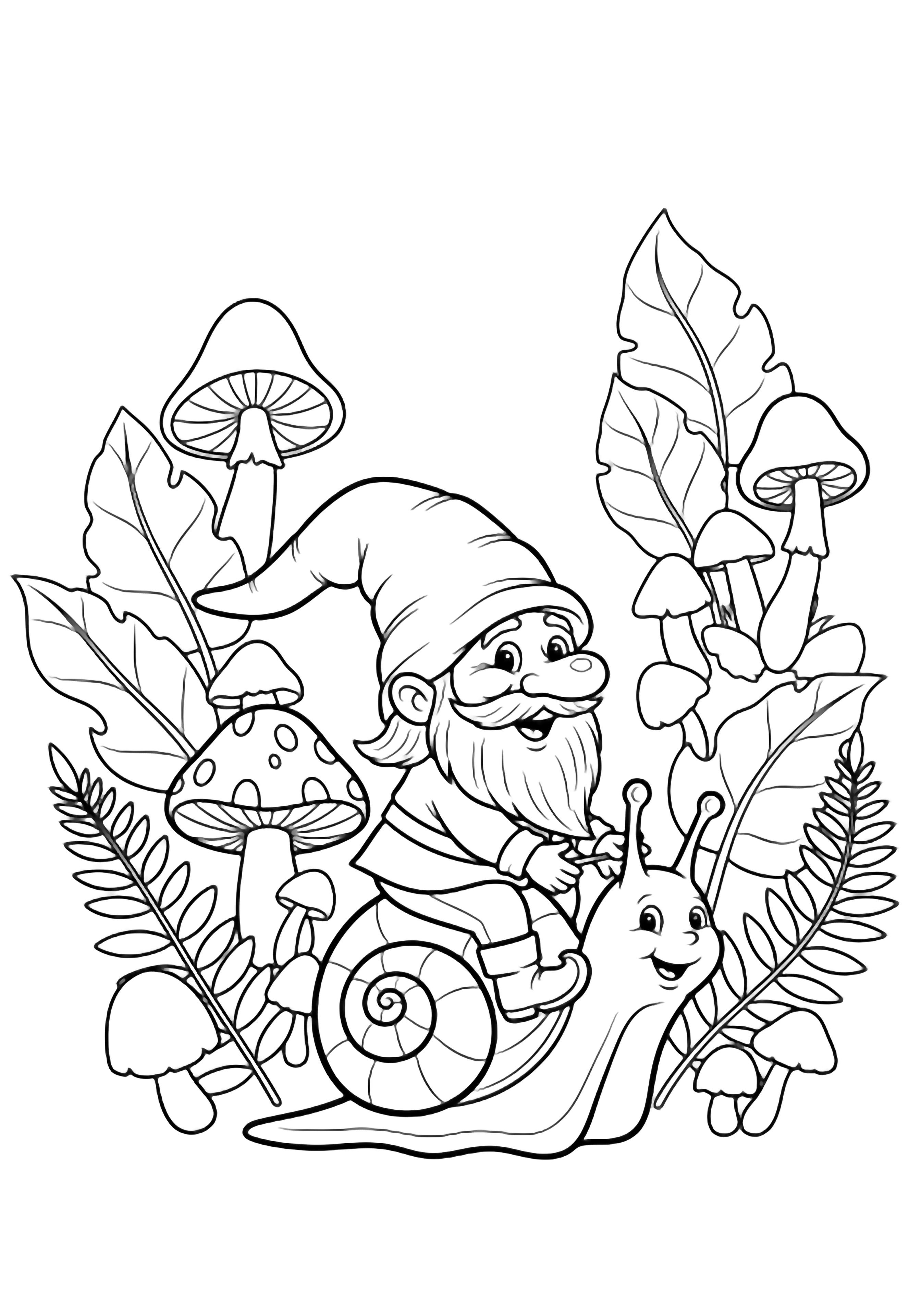A cheerful gnome in a floppy hat rides a friendly snail amid mushrooms, ferns, and large leaves. kleurplaat