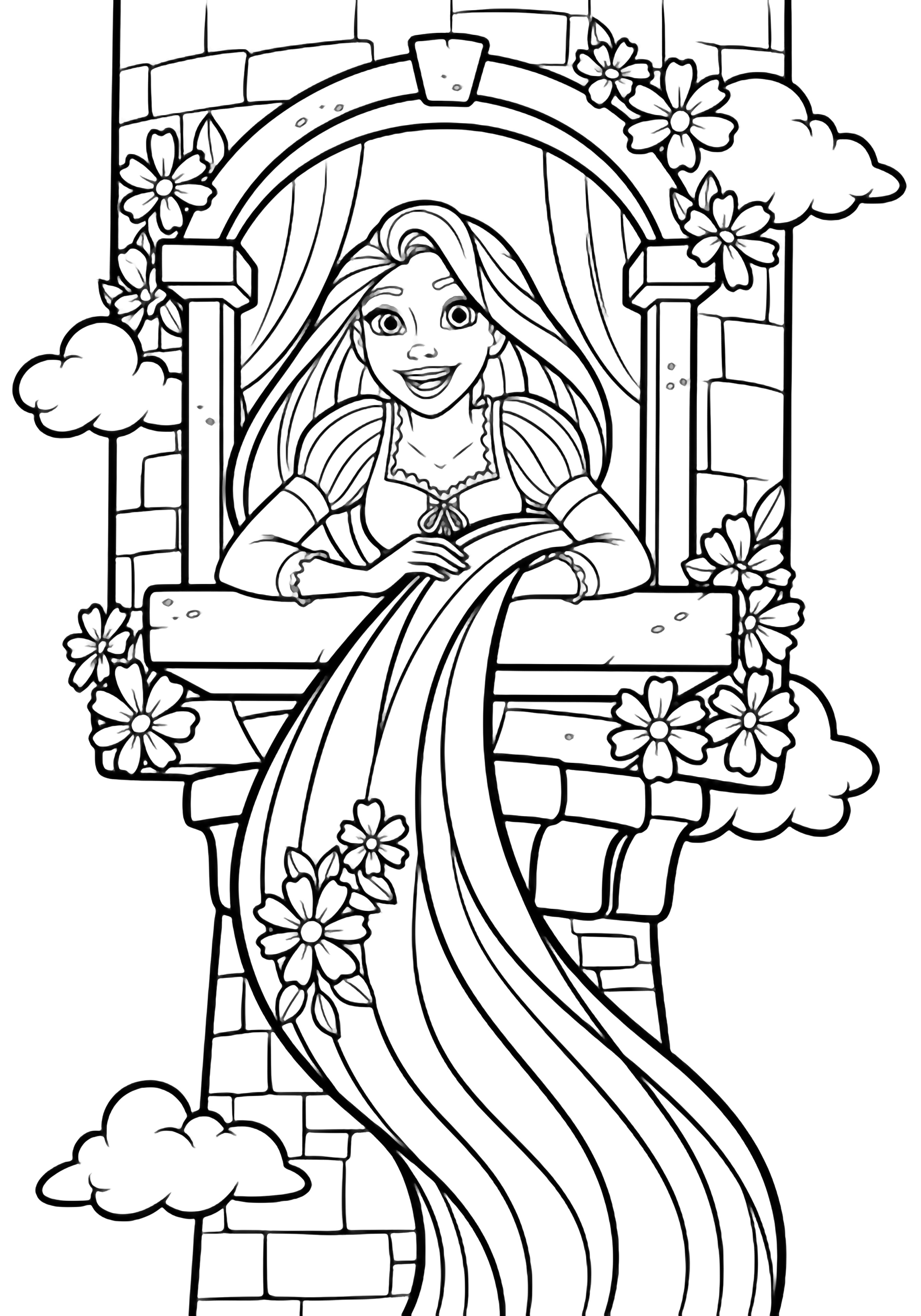 Rapunzel leans happily from her tower window, her long hair cascading down, framed by simple flowers and clouds. kleurplaat