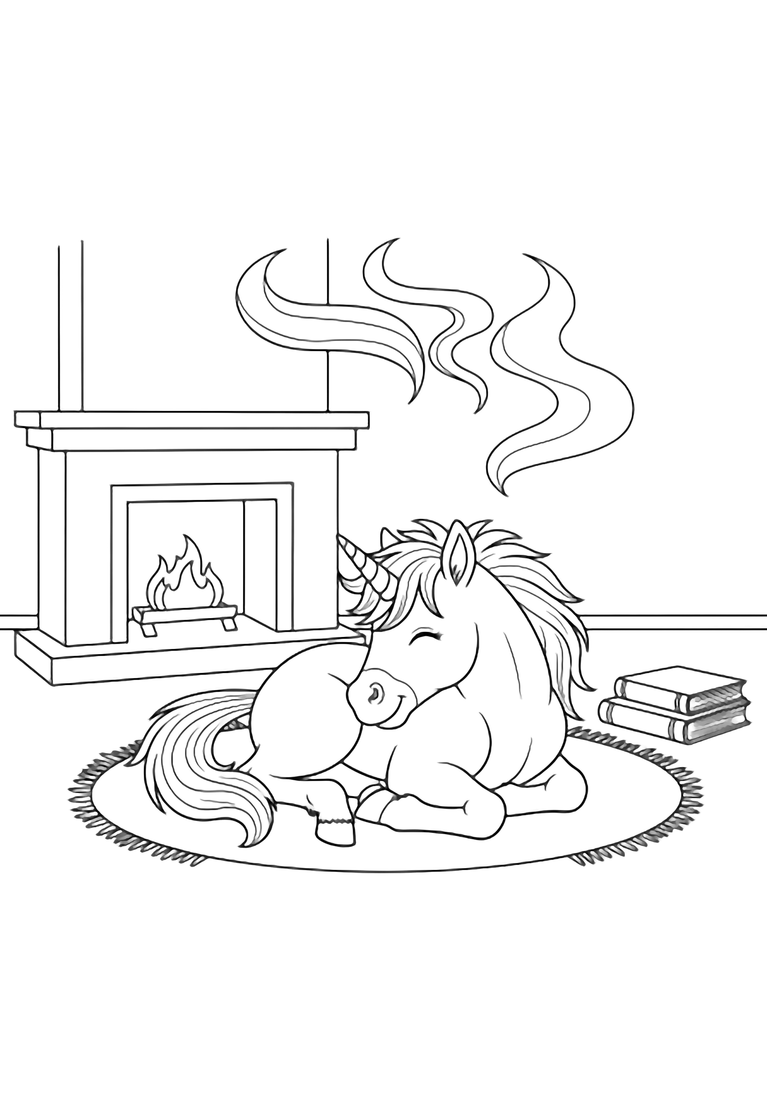 A smiling unicorn foal curled on a plump rug beside a tidy fireplace with two stacked books on a smooth floor, wavy smoke drifting above. kleurplaat
