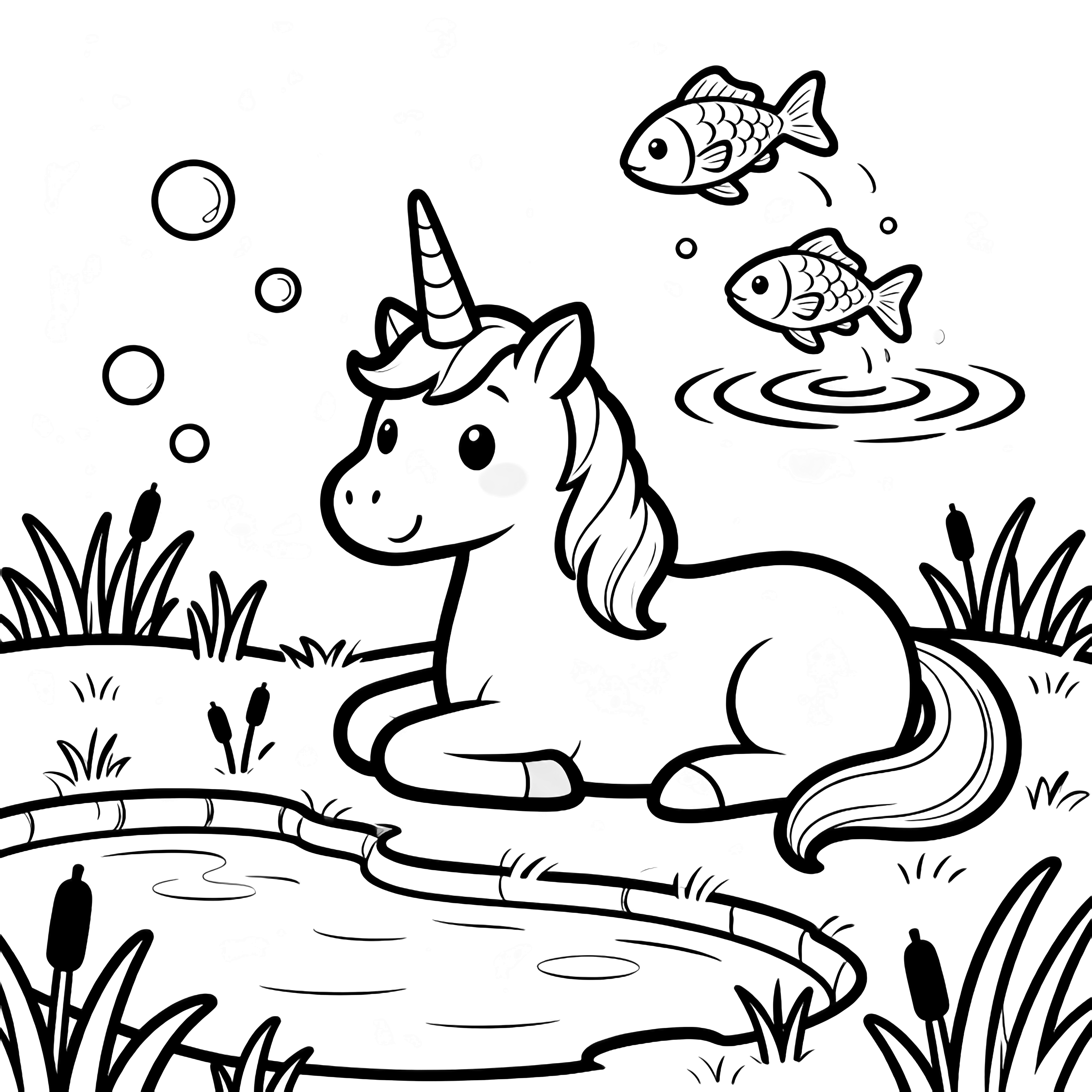 A smiling unicorn rests beside a pond where two fish leap; tufts of grass, tiny reeds, and floating bubbles complete the scene. kleurplaat