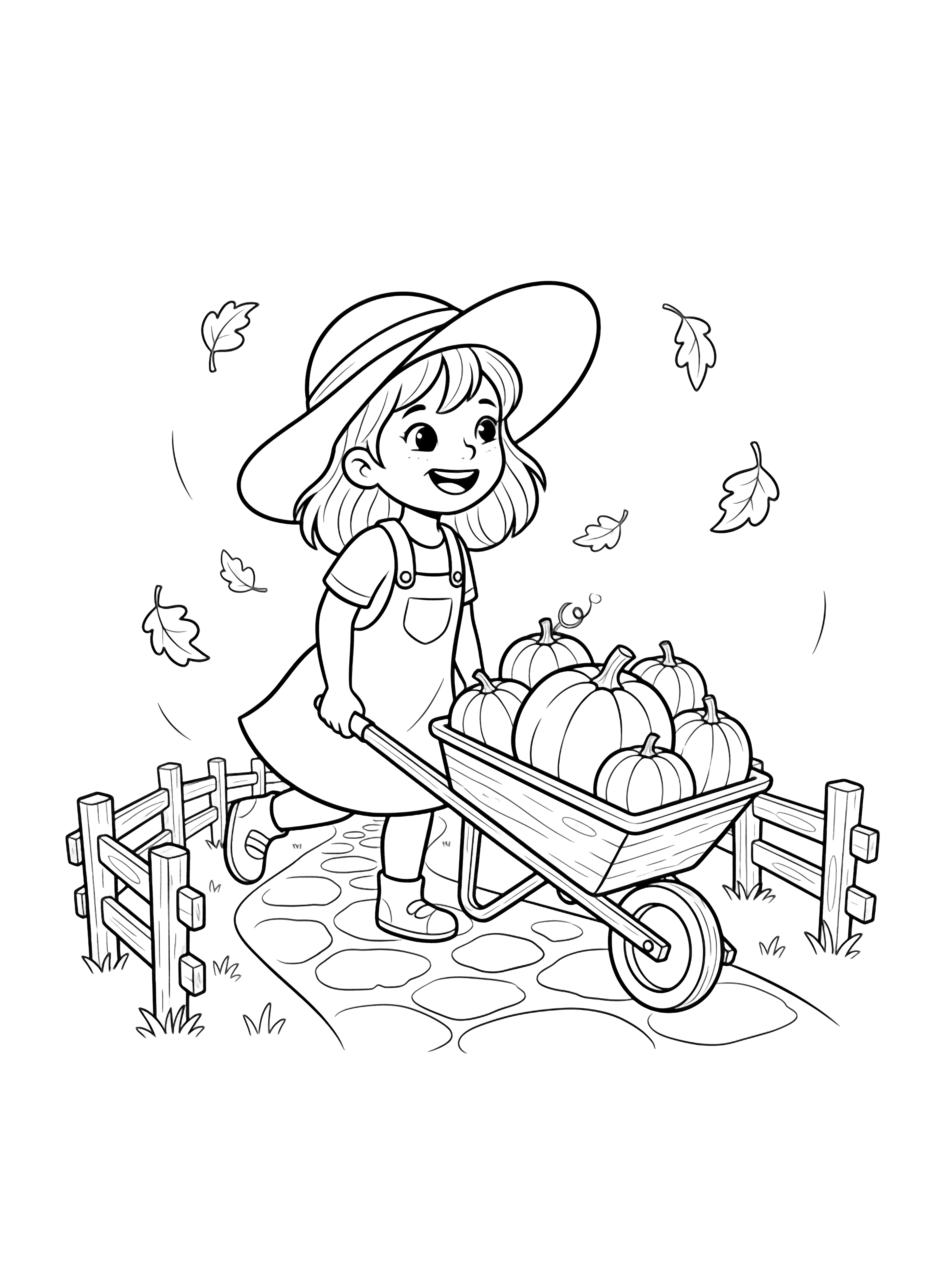 A cheerful girl in a floppy hat pushes a wheelbarrow stacked with five pumpkins along a garden path lined with fence posts and drifting leaves. kleurplaat