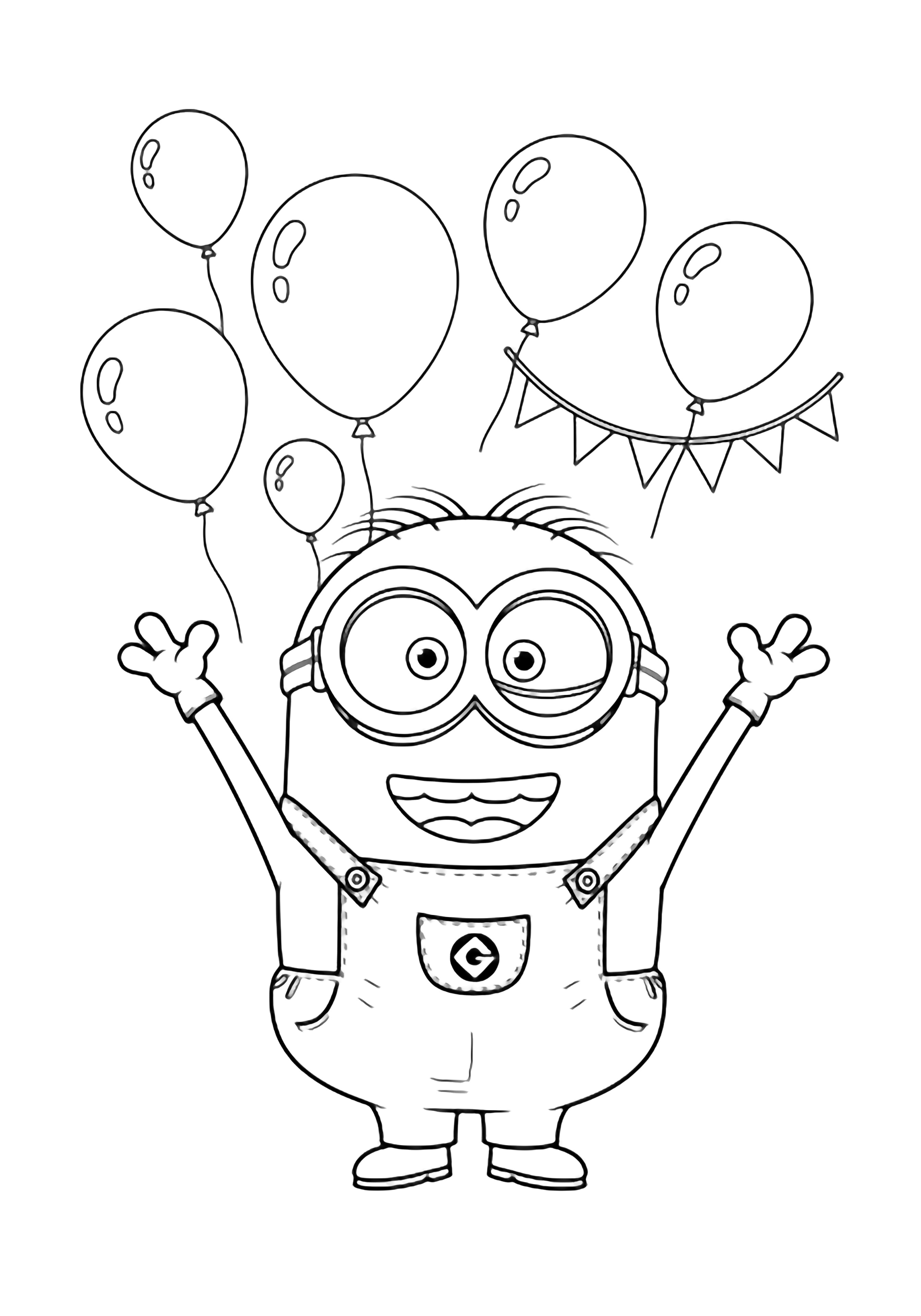 A cheerful Minion raises its arms in celebration, surrounded by floating balloons and a small bunting. kleurplaat