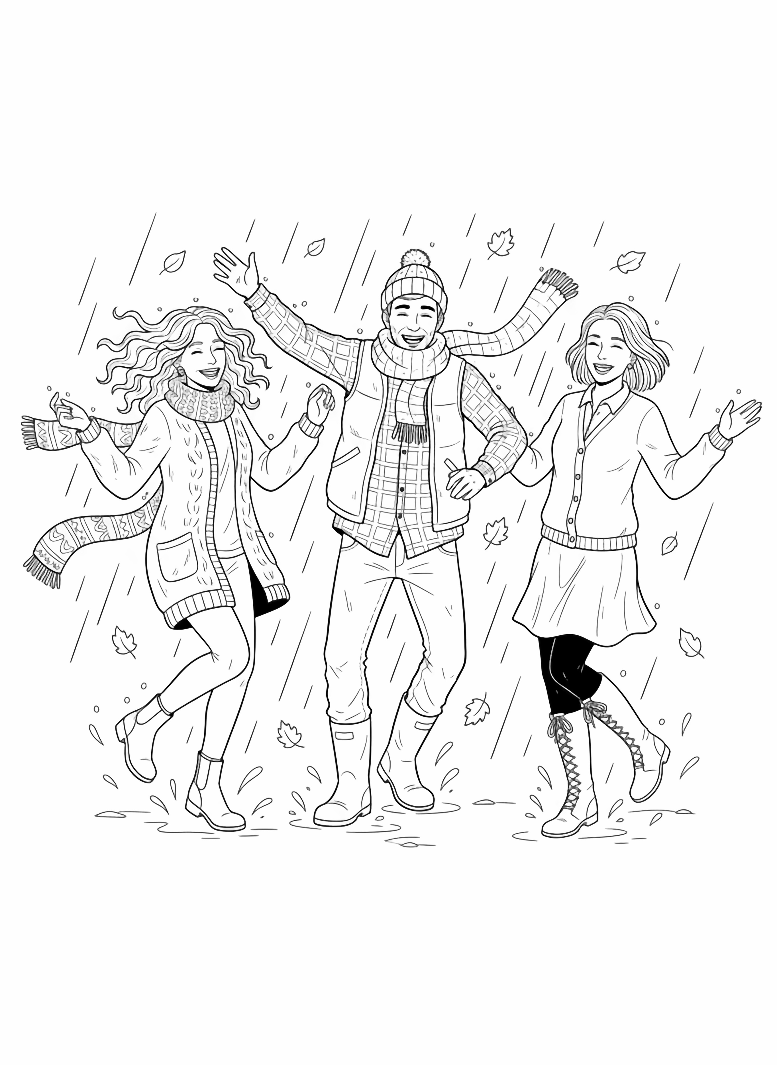 A black and white page showing three adult friends joyfully dancing in an autumn rain Each friend has distinct features one has flowing curly hair another wears a cozy knitted hat and the third has a bright smile with dimples They wear comfortable autumn clothing like cardigans boots and scarves that flutter as clean black and white line drawing minimal shading no colour no fill kleurplaat
