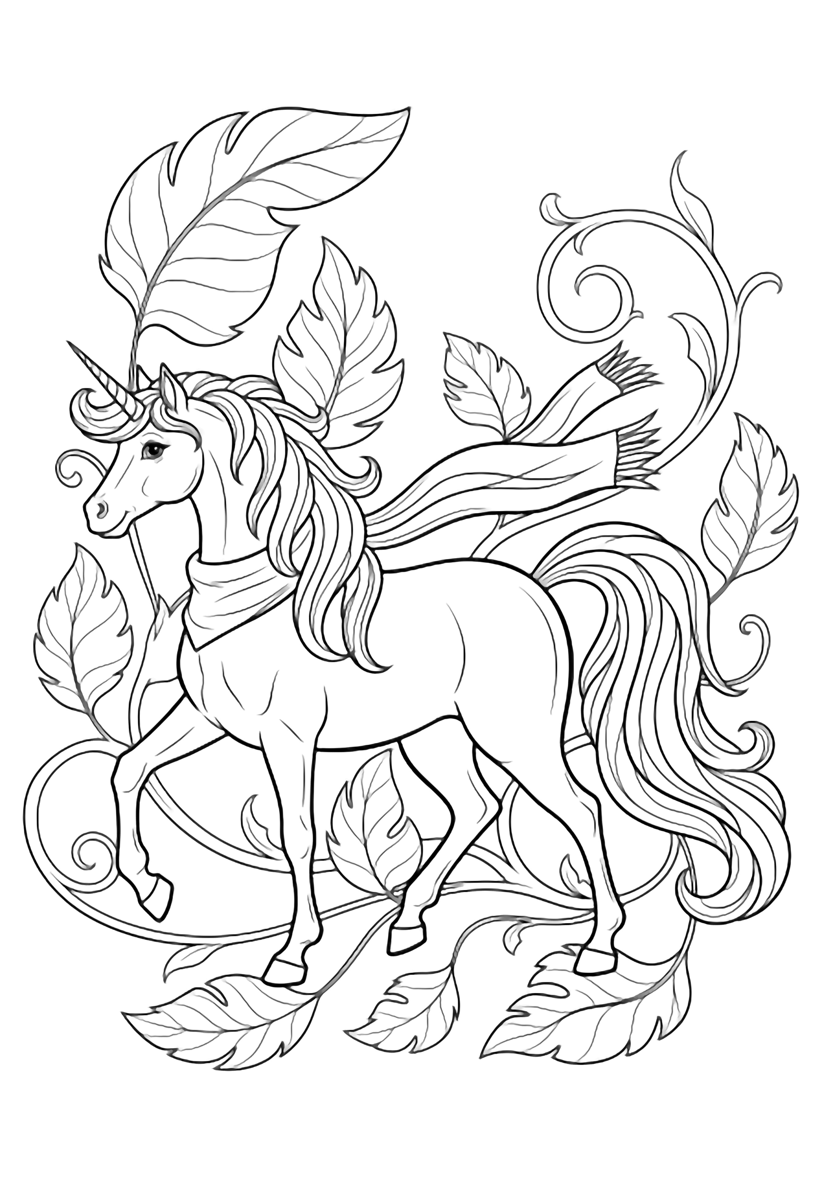 A smiling unicorn wearing a flowing scarf trots along while swirling leaves dance around its mane and tail. kleurplaat