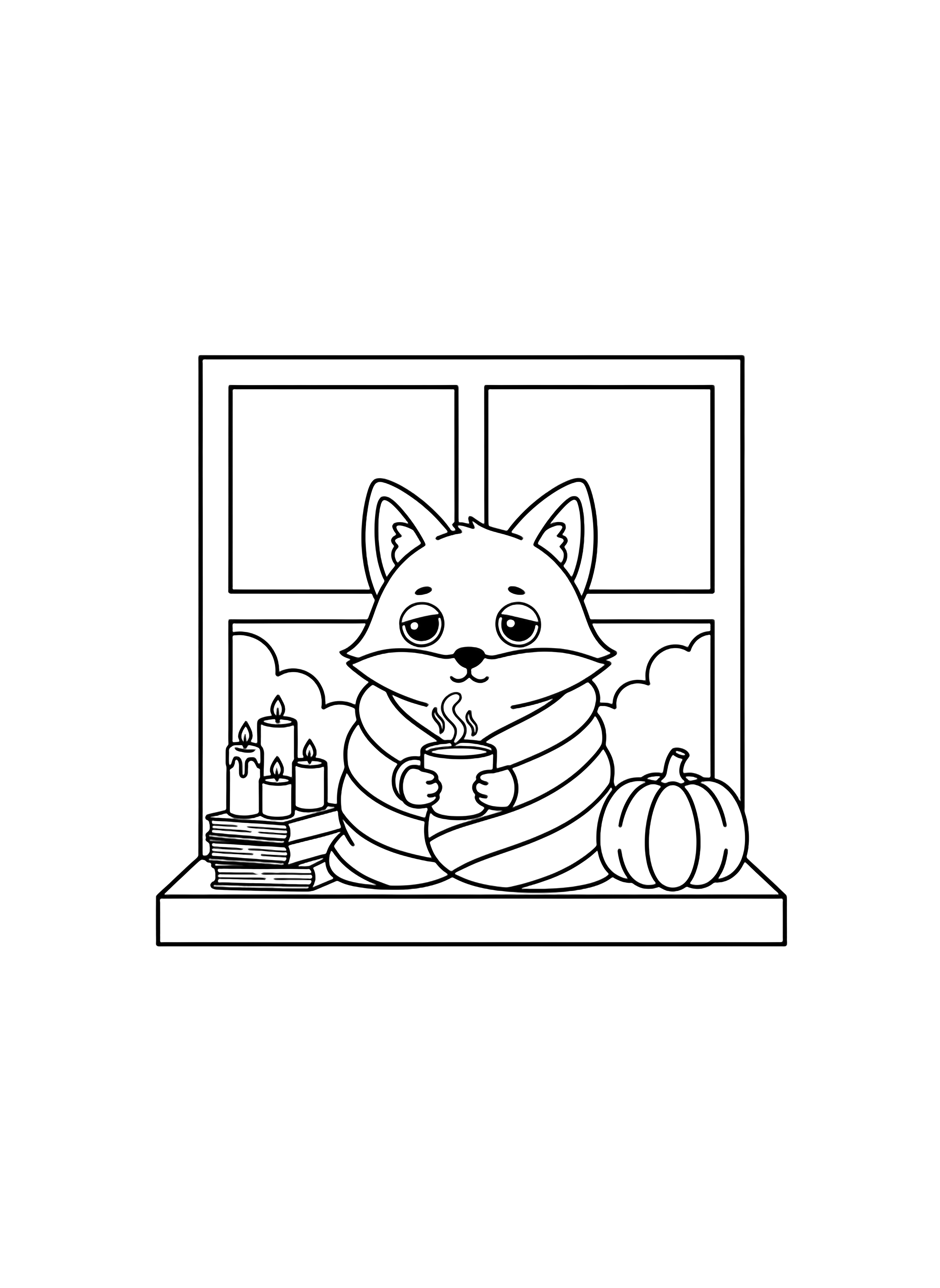 A sleepy fox wrapped in a striped blanket hugs a steaming mug on a window seat, tiny books and tall candles stacked beside a pumpkin, simple windowpanes behind. kleurplaat