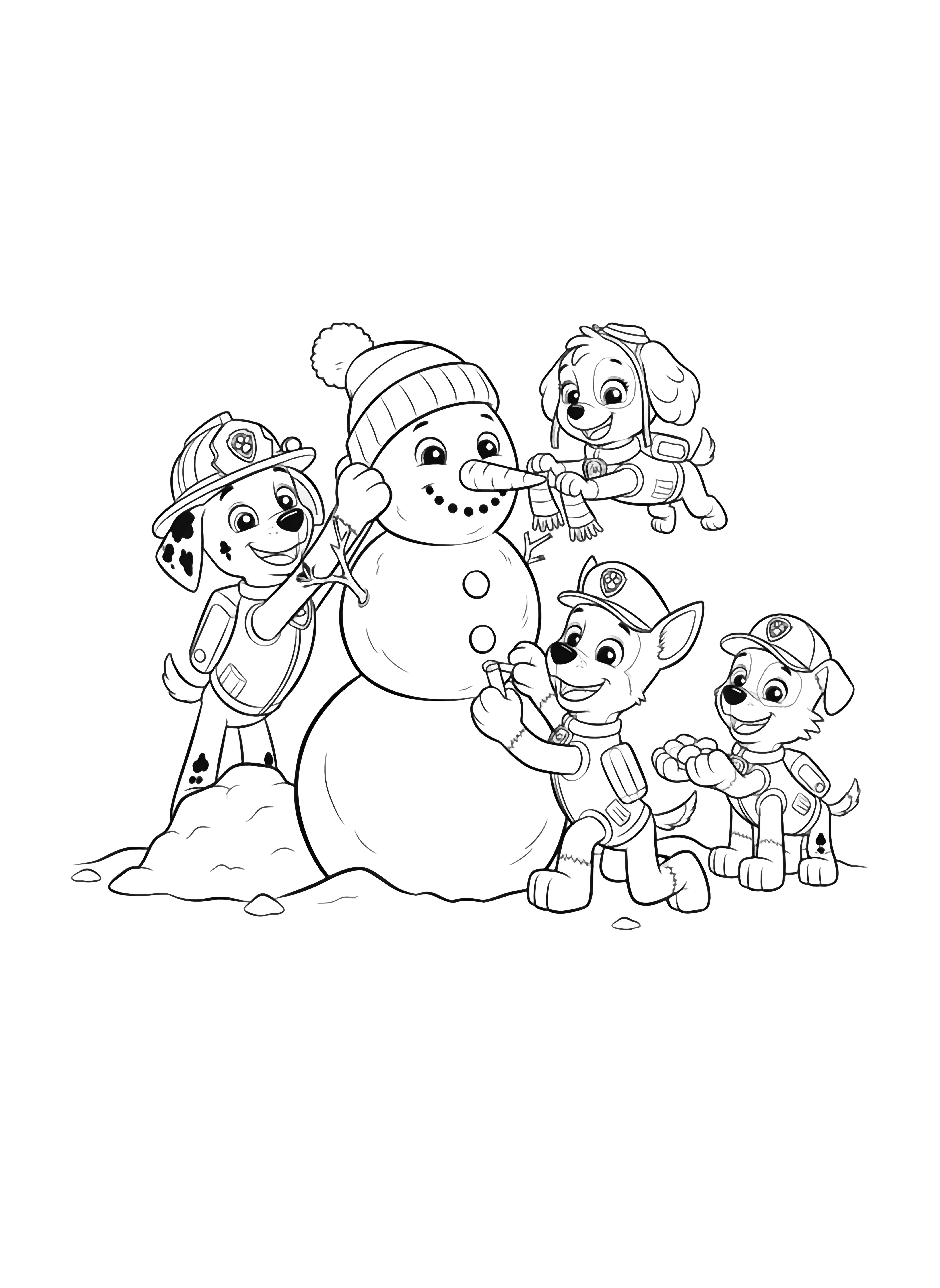 A black and white page featuring the adorable Paw Patrol pups building a cheerful snowman together Marshall enthusiastically places a cozy hat on top of the three stacked snowballs while Chase carefully draws a big friendly smile on the snowman's face The pups are shown in their signature poses Marshall with his floppy ears and clean black and white line drawing minimal shading no colour no fill kleurplaat