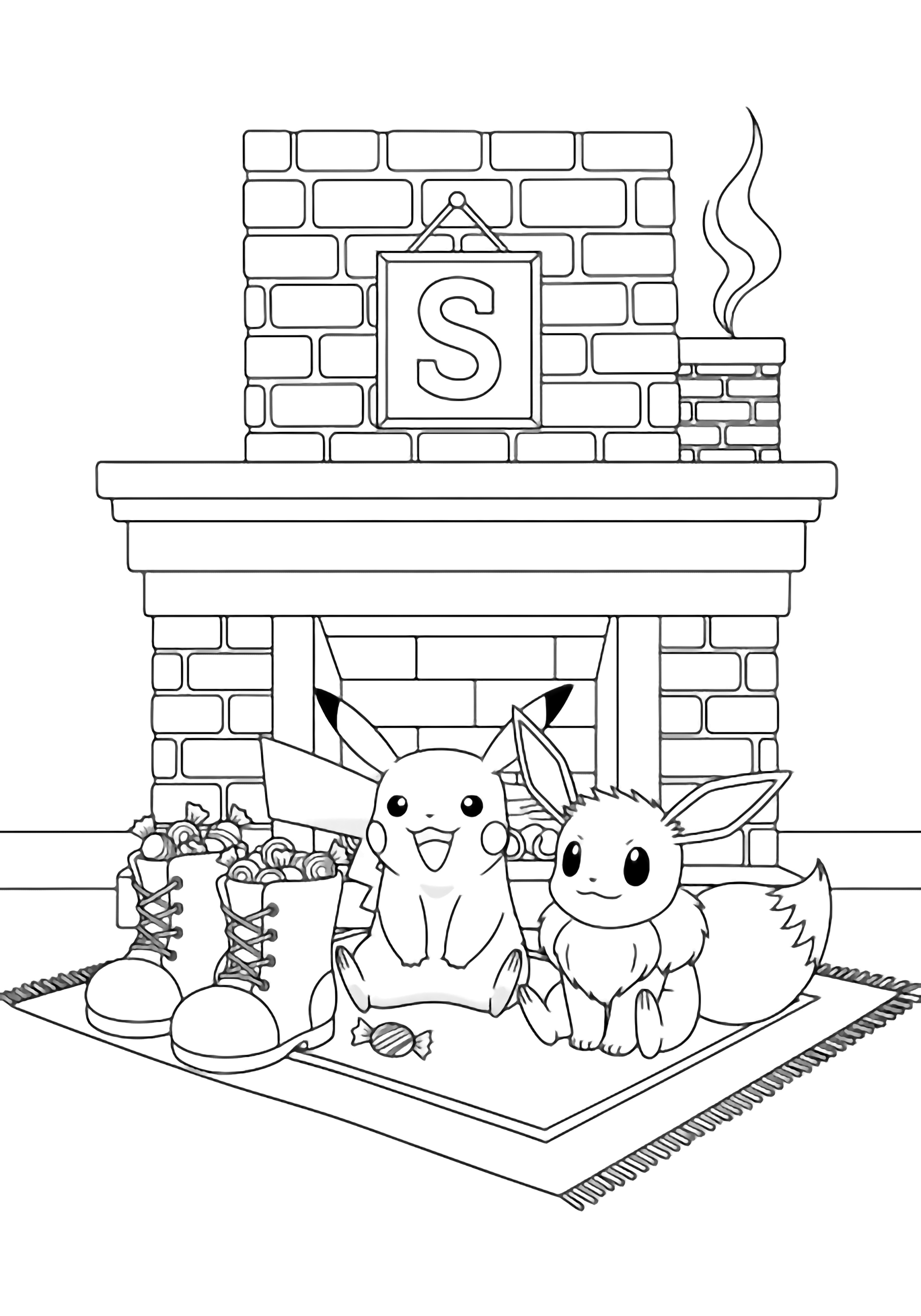 Pikachu and Eevee sit cheerfully by a brick fireplace; boots brim with candy, an "S" adorns the wall, and a wisp of smoke curls from the chimney. kleurplaat