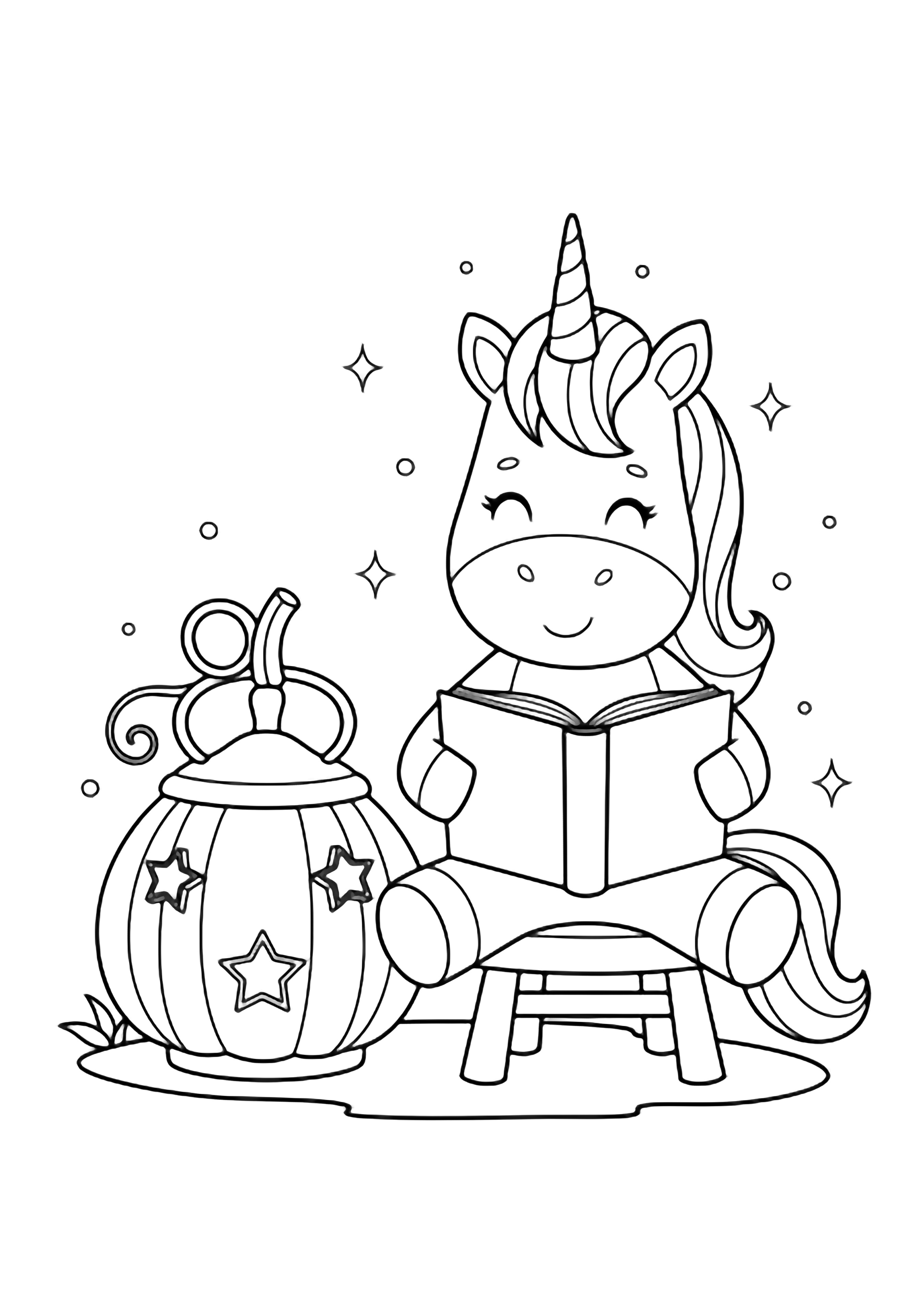 A smiling unicorn on a stool reading an open book, pumpkin lantern with star cut-outs beside it, tiny sparkles above, simple ground line kleurplaat