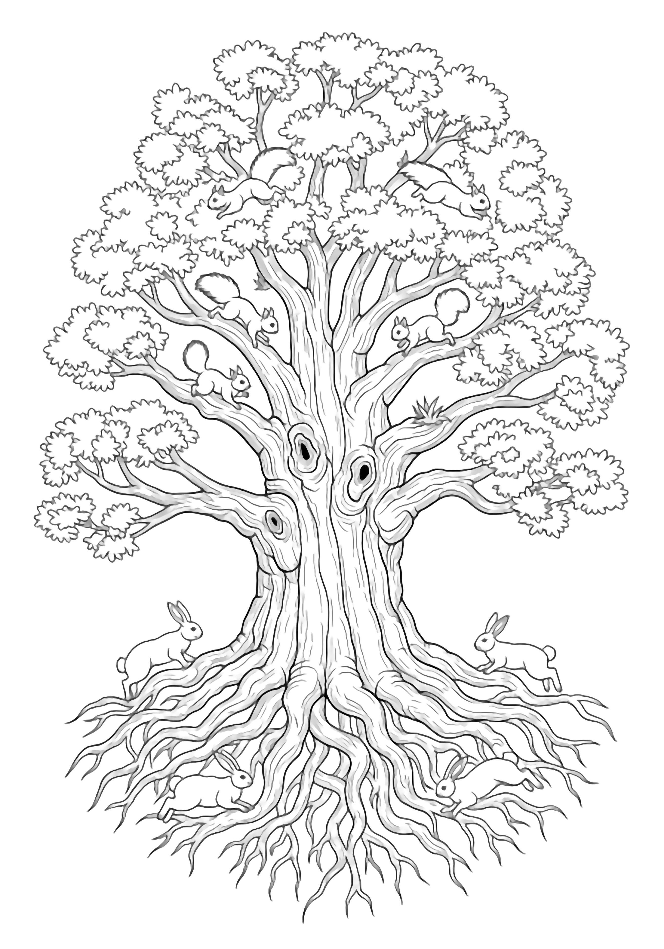A massive oak spreads its limbs; squirrels scamper along the branches and rabbits hop around the gnarled roots. kleurplaat