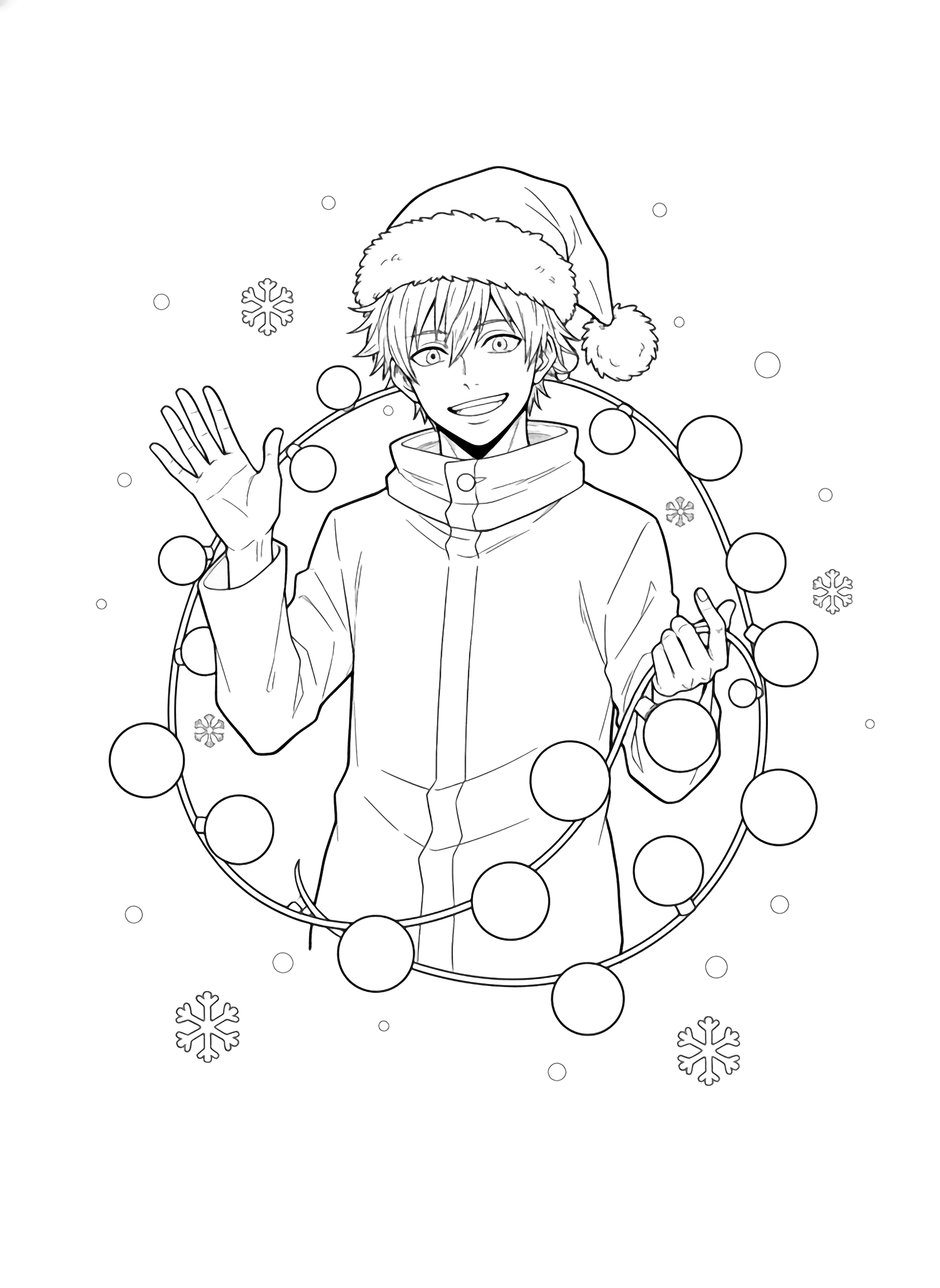 Gojo smiles beneath a Santa hat, waving while holding a string of large round Christmas lights that loop around him, simple snowflakes drifting. kleurplaat